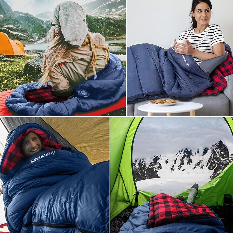 Keencamp XXL Téli Hálózsák 4 Évszakos Használatra - Flanell Béléssel, Pamut Töltettel, -1°C-ig, Kempingezéshez, 230x90 cm, Tengerészkék - Navy-L-Zip