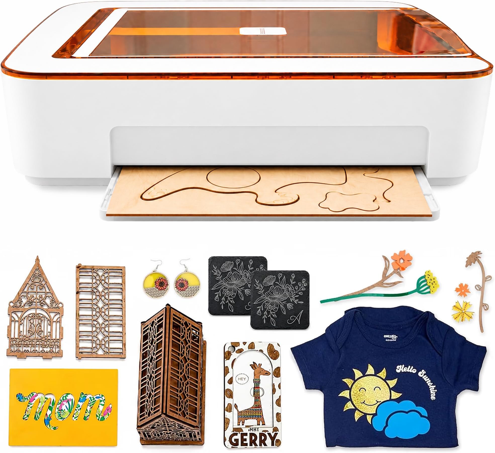 Aura Craft Laser Cutter - Just a click to print gifts, cards, decor, & more. Hundreds of materials like wood, acrylic, even chocolate. Camera, wifi, & app for your laptop, tablet, & phone.
