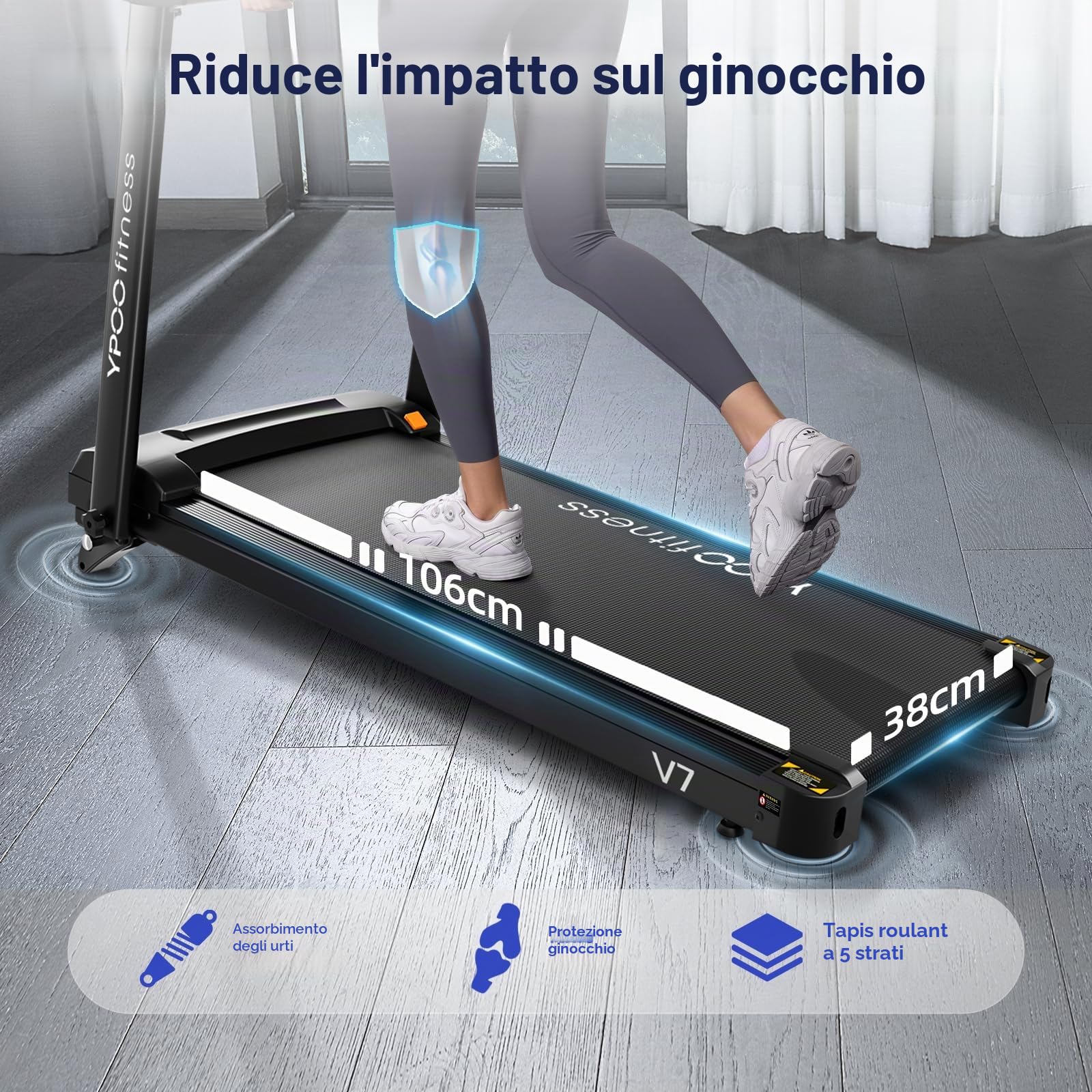 YPOO Tapis roulant per casa, tapis roulant pieghevole con inclinazione dell'8%, pedana per camminare 12 km/h, tapis roulant pieghevole a basso rumore con ampia area di corsa, capacità 140 kg