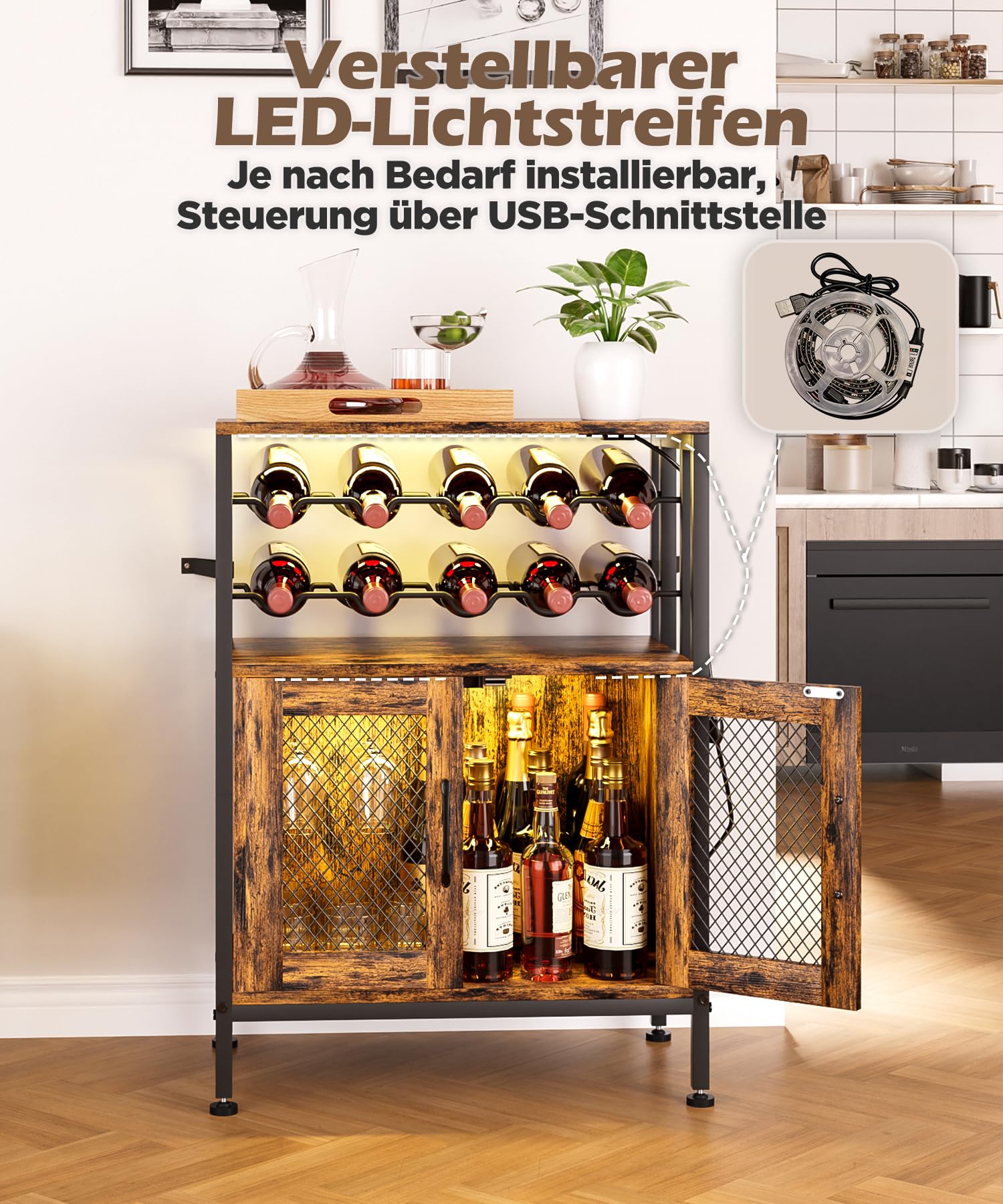 Yorbay Weinschrank aus Metall und Holz mit LED-Beleuchtung: Industriestil Barschrank mit Gittertür für 10 Flaschen und 6 Weingläser - Kaffeebarschrank mit Weinregal für Küche Esszimmer Wohnzimmer