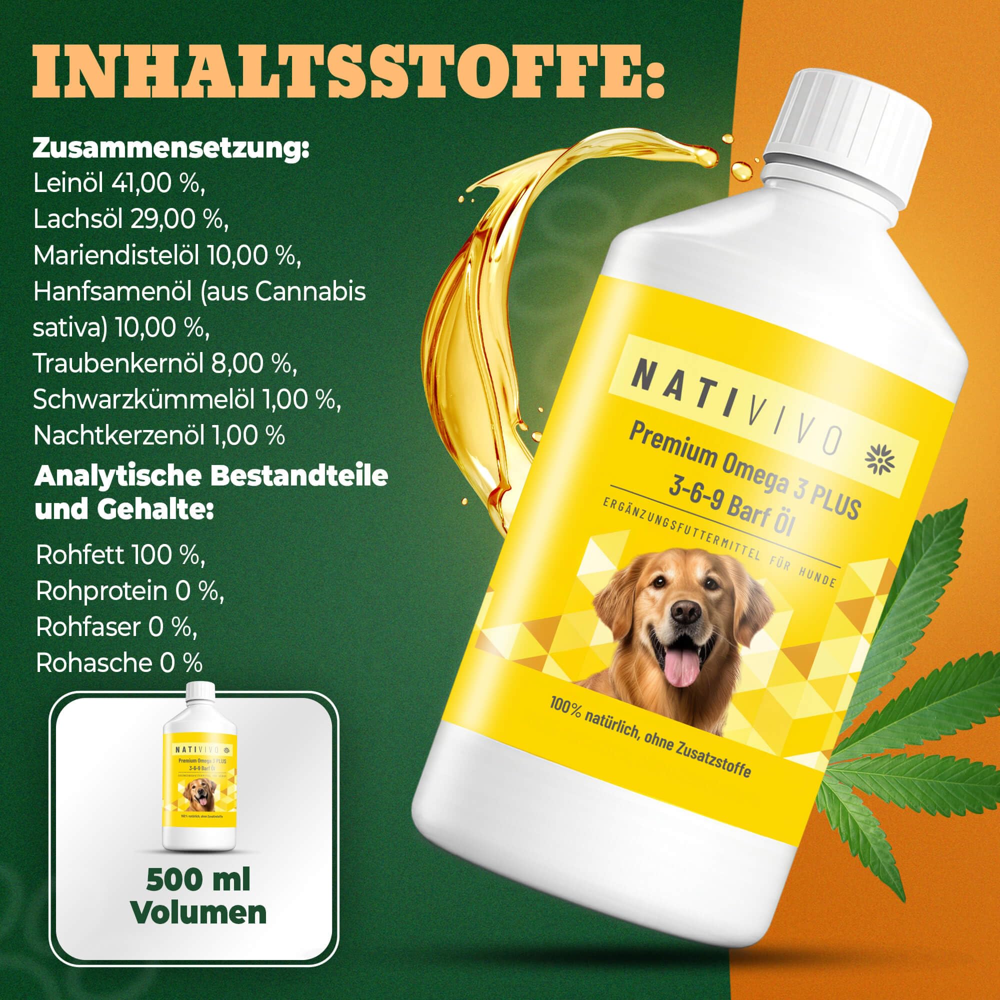 Premium Barf Öl Omega 3 6 9 Hund - 500ml Fischöl für Hunde - Lachsöl Hund - Fischöl flüssig mit Hanfsamenöl - Hochwertiges Barföl Futteröl für Hunde - 100% natürlich - Made in Germany