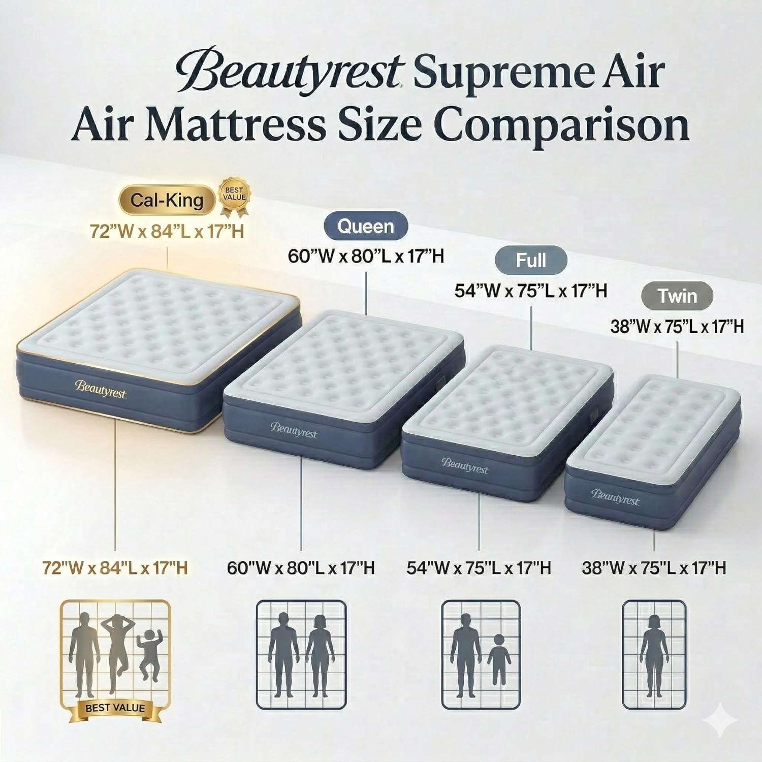 Beautyrest Supreme Air, Cal-King Size Air Mattress with Built-in Pump, Raised Inflatable Bed, Puncture-Resistant Vinyl, Auto Shut-Off, 650lb Support, Guest Bed, Camping Airbed, 3-Year Warranty