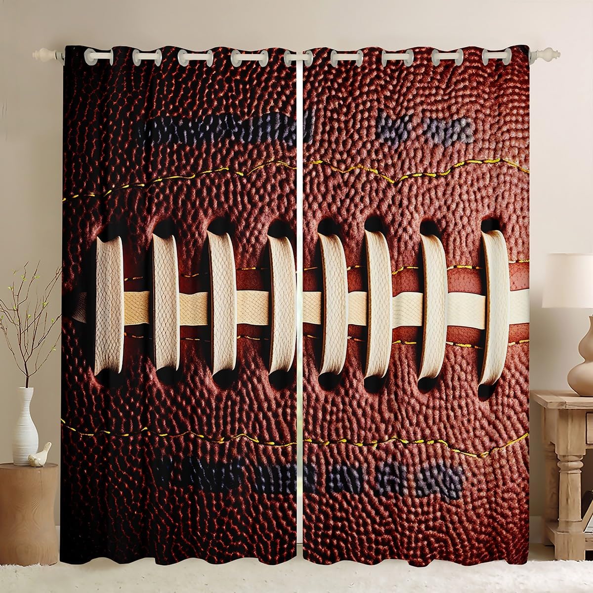Kids Brown Football Blackout Curtains Rustic Sports Football Print Curtains & Drapes,Amercian Ball Gaming 38"Wx54"L 2 Panels Curtains Sports Game Window Curtains for Boys Teens Men Bedroom