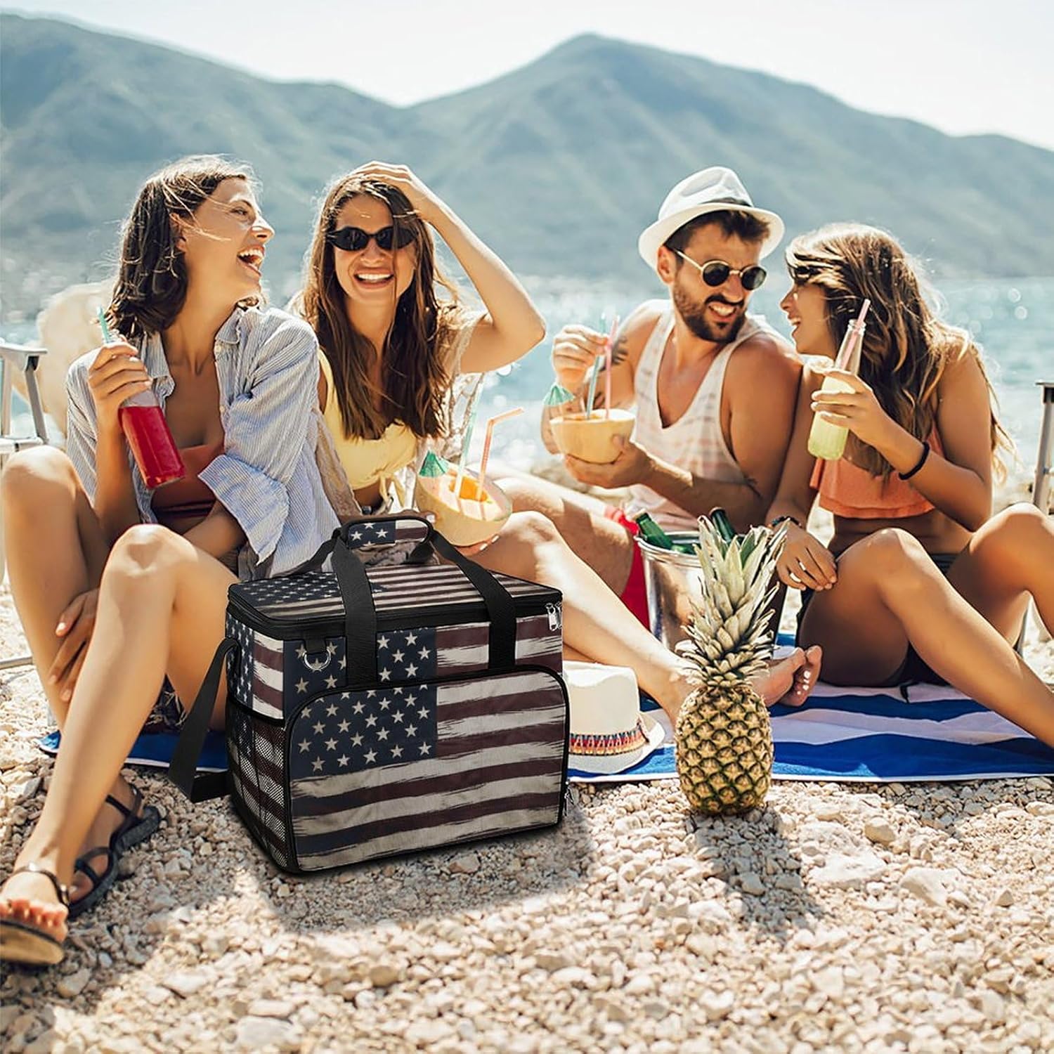 Insulated Picnic Backpack Tote Bag, Large Capacity 30L American Flag Cooler Bag Leakproof Beach Bags Portable Lunch Box Waterproof Picnic Basket for Beach Camping BBQ