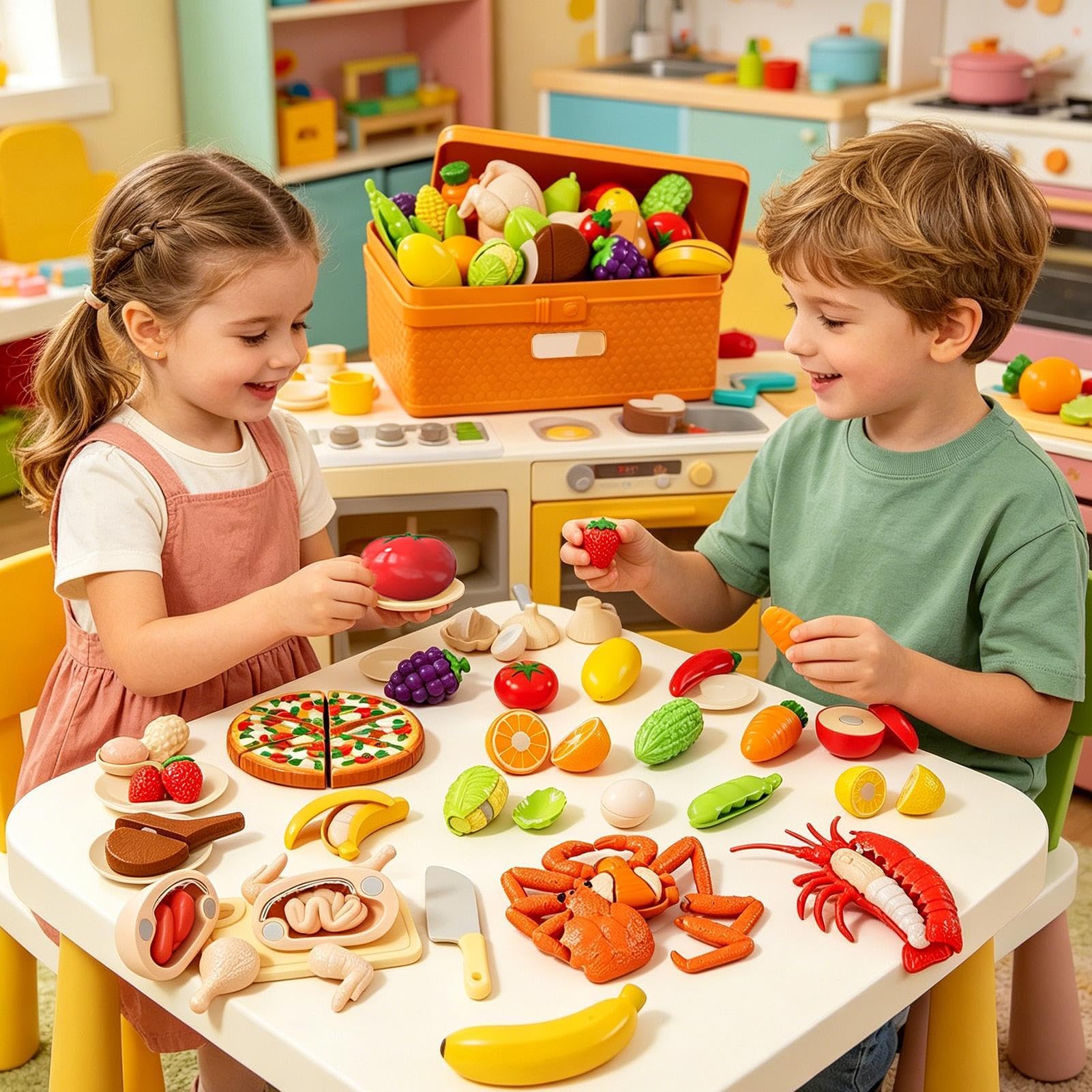 Accesorios de Cocina de Juguete Aprendizaje Preescolar con Cesta | Accesorios de Cocina de Juguete con Comida de Mentira para Actividades Casa Preescolar Guardería 3 a 5 Años