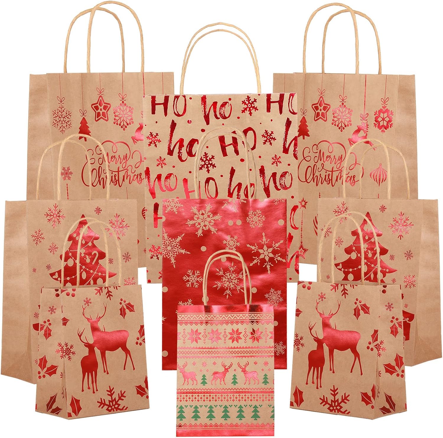 Nezyo 18 Pcs Christmas Gift Bags Multipack Winter Kraft Paper Bags with Handle Bronzing Metallic Gift Treat Goodie Assorted Sizes Bulk for Holiday New Year Eve Party Packaging Decor(Red)