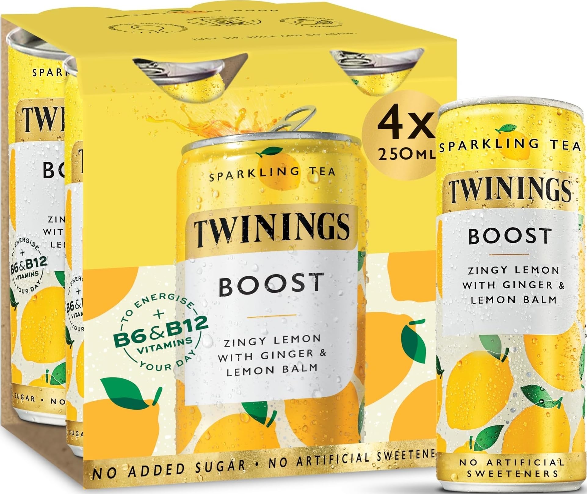 Twinings Boost - Lemon & Ginger Flavoured Sparkling Tea (4 x 250ml cans) - Non-Alcoholic, Low Calorie Soft Drink, No Added Sugar, No Artificial Sweeteners, Low Caffeine, Green Tea Infusion
