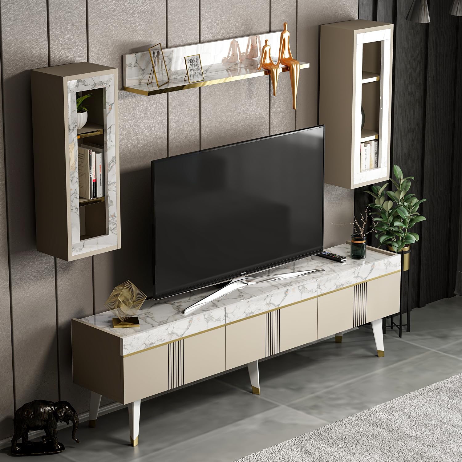 Homidea Karya - Mobile TV da soggiorno, con 3 ante dal design moderno (Beige/Marmo)