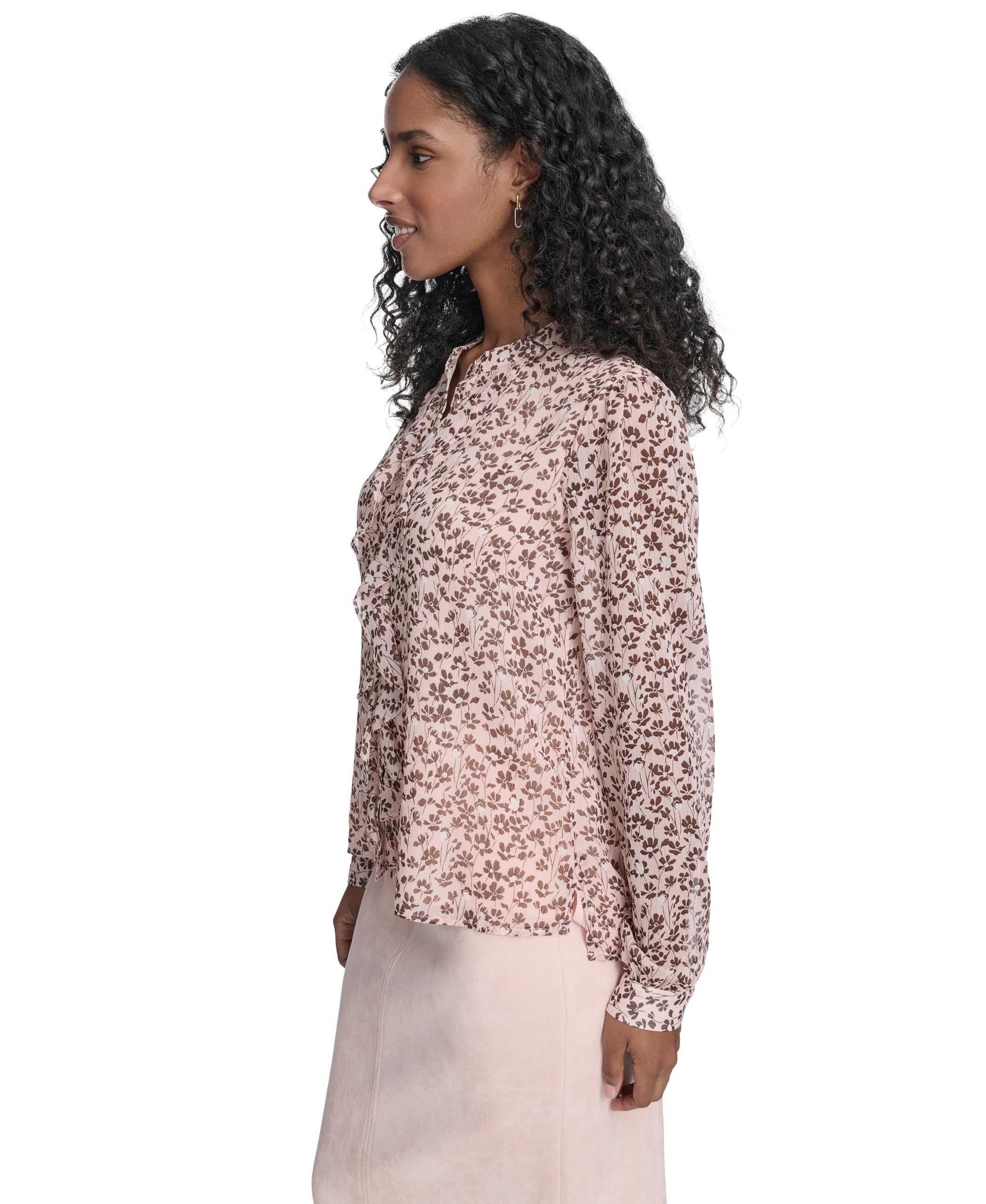 Tommy Hilfiger Damen Long Sleeve Printed Ruffle Front Woven Blouse Gestrickte Bluse mit Langen Ärmeln und Rüschen auf der Vorderseite (1er Pack)