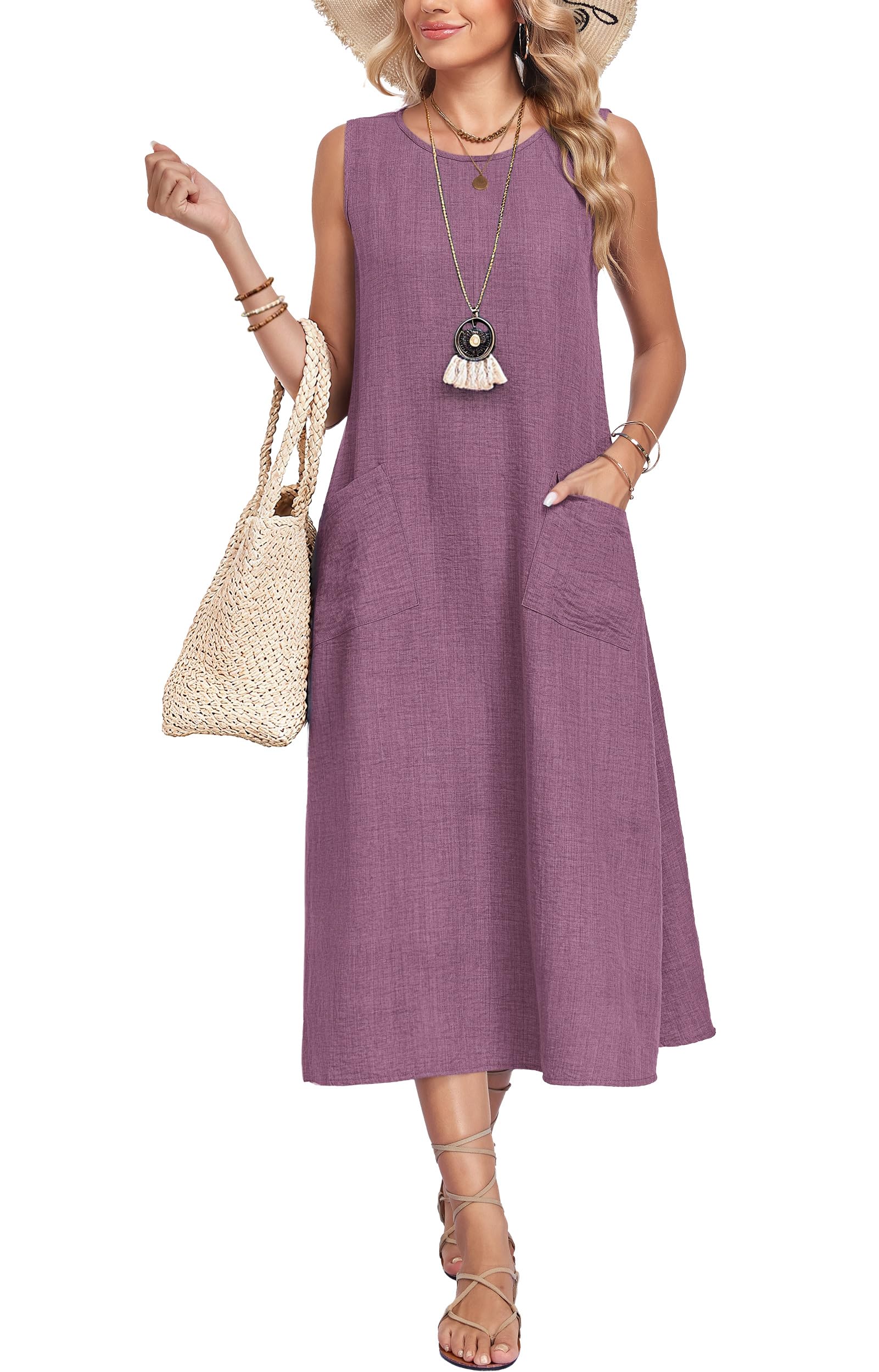 AUSELILY Sommerkleid Damen Casual Maxikleid mit Taschen – Ärmellos, Rundhalsauschnitt Strandkleid Ohne Zubehör
