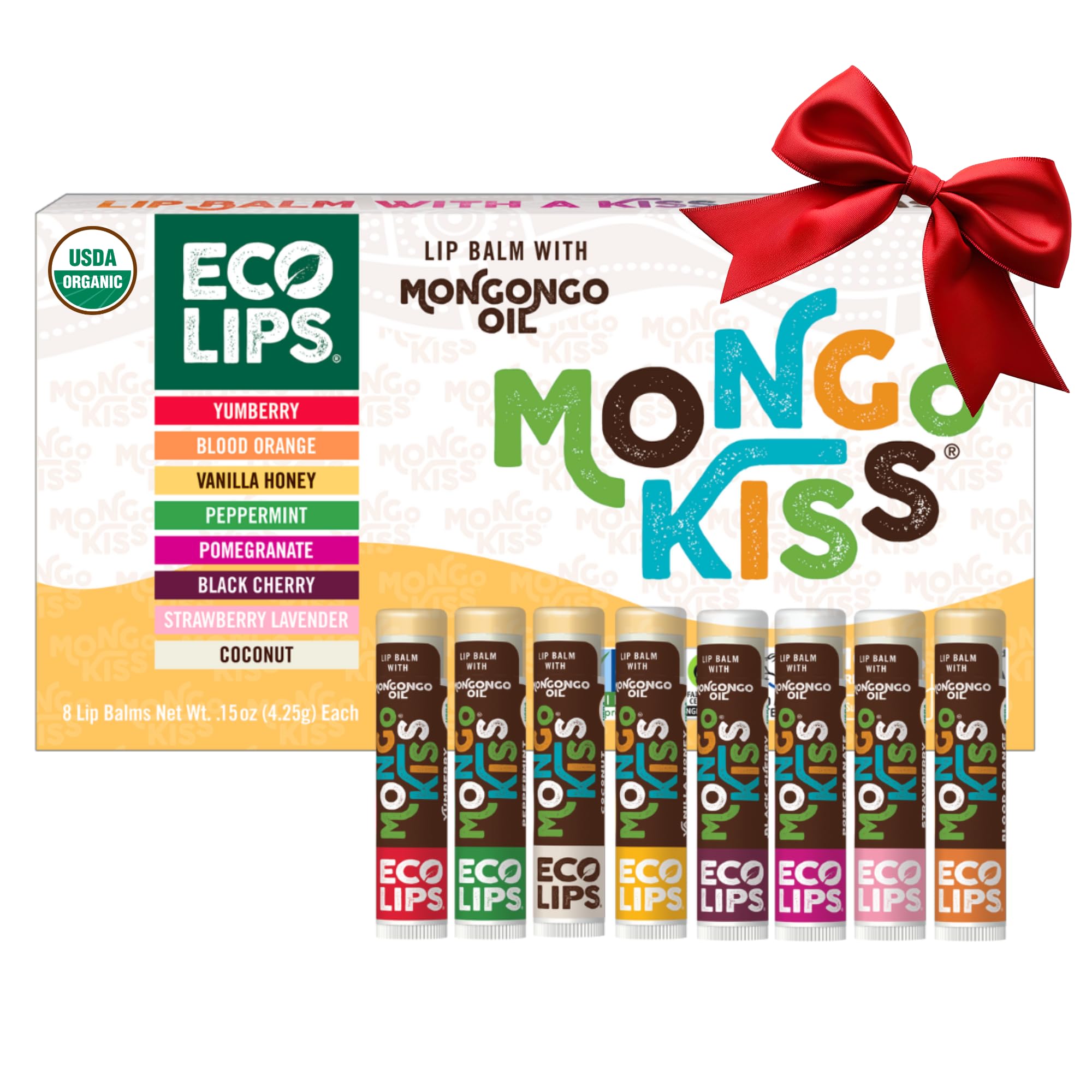 Mongo Kiss USDA Organic Lip Balm Set 8-pack (0.15 oz. each) with Mongongo Oil & Cocoa Butter to Moisturize Chapped Lips | Made in USA by Eco Lips (Variety)