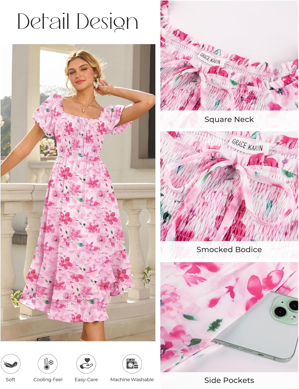 GRACE KARIN Womens Summer Dresses 2026 Puff Short Sleeve Floral Wedding Guest Dress Smocked Tiered Maxi Dress with Pockets - Image 4