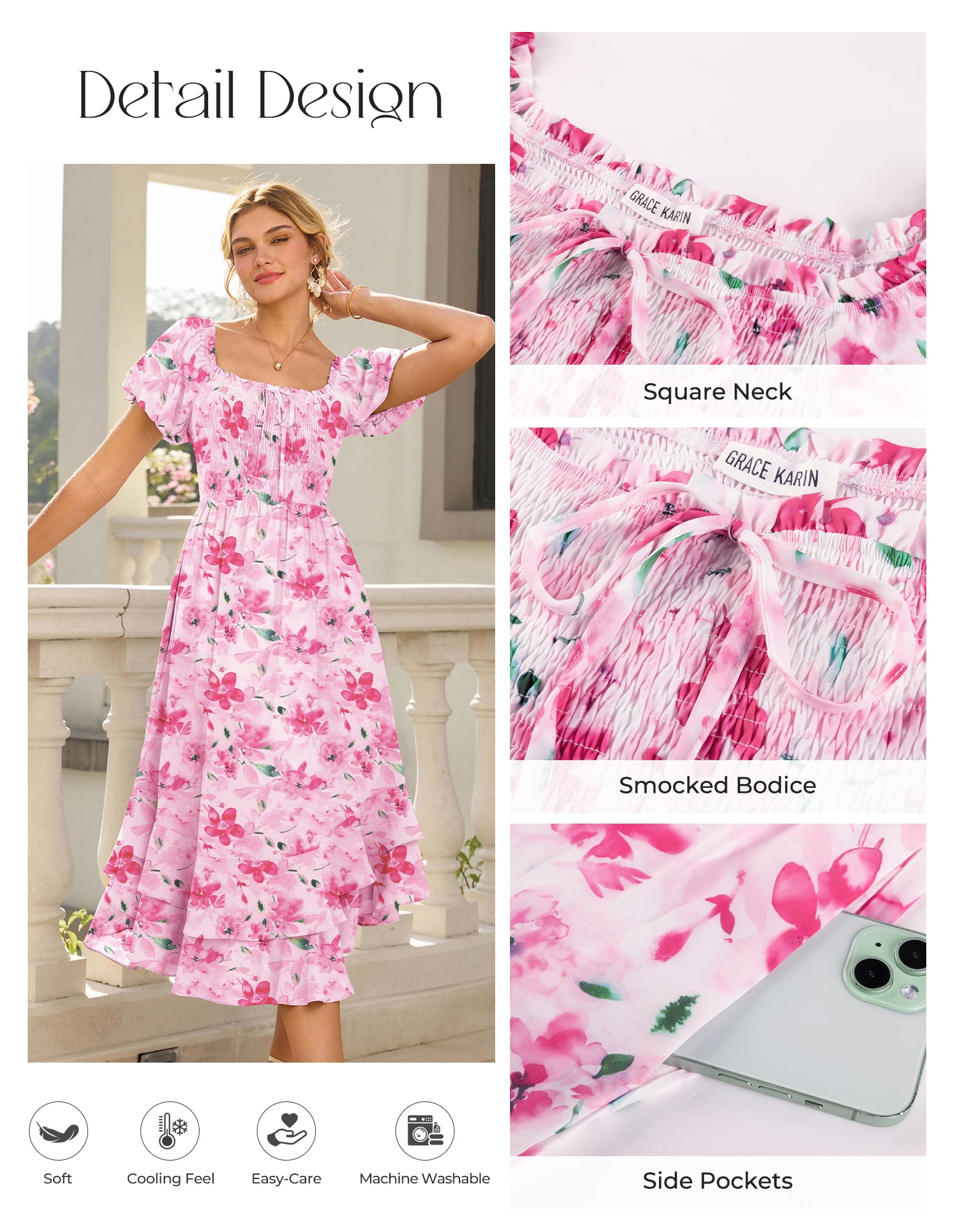 GRACE KARIN Abito estivo da donna con scollo quadrato e punto smock abiti floreali a trapezio | Abito estivo da sposa da donna, casual, elegante, con maniche a sbuffo, maxi abito con tasche