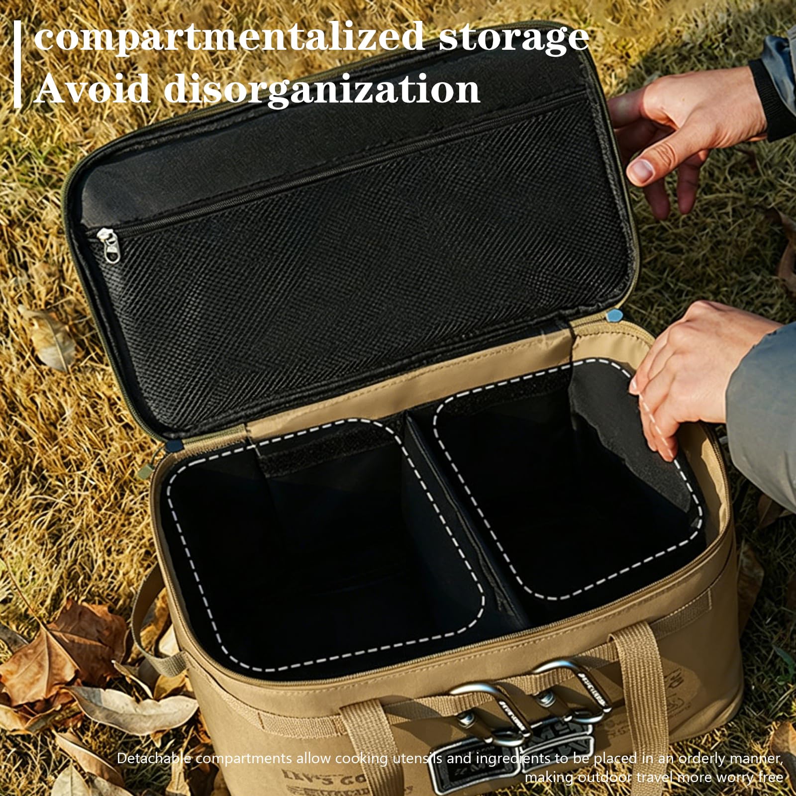 Campingtasche, Outdoor Tragetasche, Langlebig Und Wasserdicht, Inklusive Trennwand, Bietet Platz für Geschirr, Campingtasche Geschirr für Wandern Und Grillen (khaki)