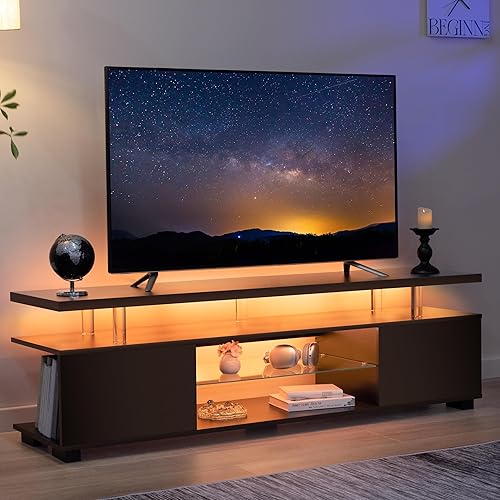 Miniatura 11 de Soporte de TV gris, soporte de TV LED, centro de entretenimiento moderno para sala de estar, mesa de consola LED para TV, gabinete de TV LED para TV