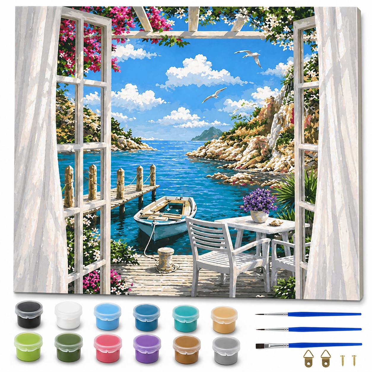 Syntego Boat Dock Window Landscape Paint by Numbers Kit for Adults – 50x40cm Canvas DIY Painting Set with Acrylic Paint & Brushes – Easy Art Craft, Home Decor & Gift — image 1