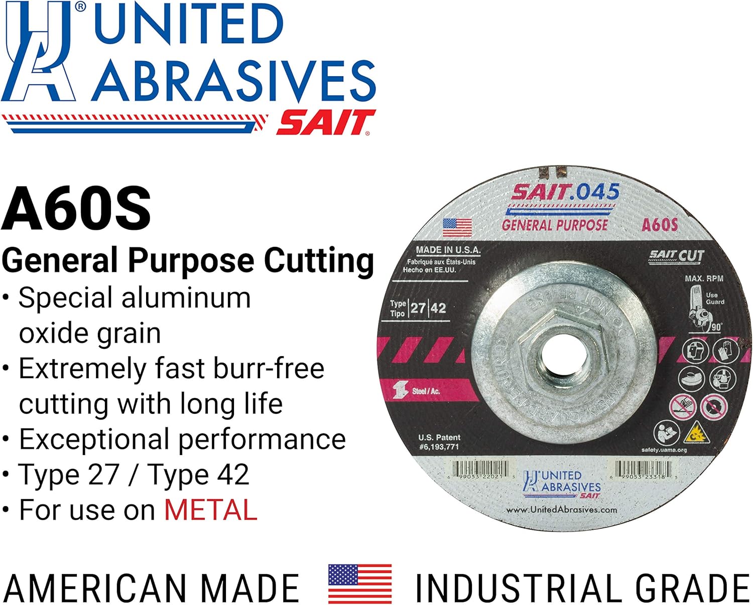 United Abrasives-SAIT 23318 A60S General Purpose Cut-Off Wheels (Type 27/Type 42 Depressed Center) 4 1/2"x .045" x 5/8-11", 10-Pack