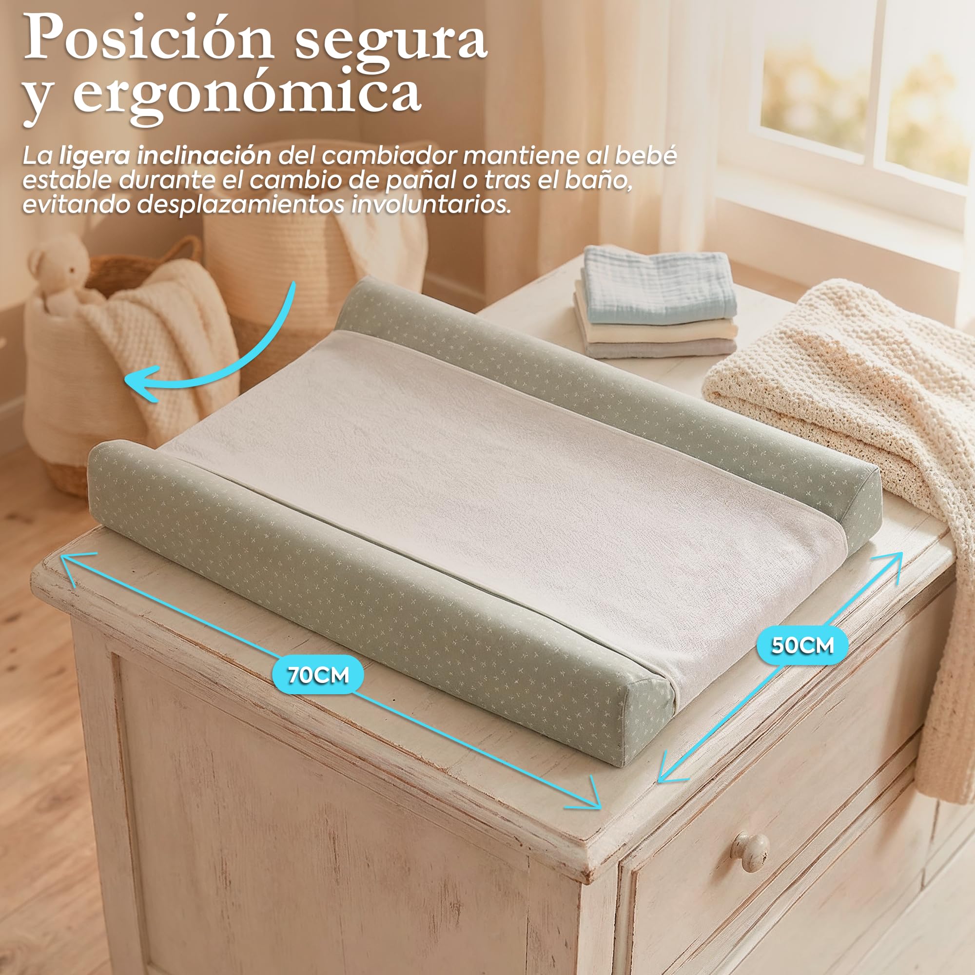 CAMBRASS Cambiador Bañera Bebe Acolchado de Algodon Impermeable y Ergonomico para Comoda o Cama 50x70x9 cm Rustic Rosa