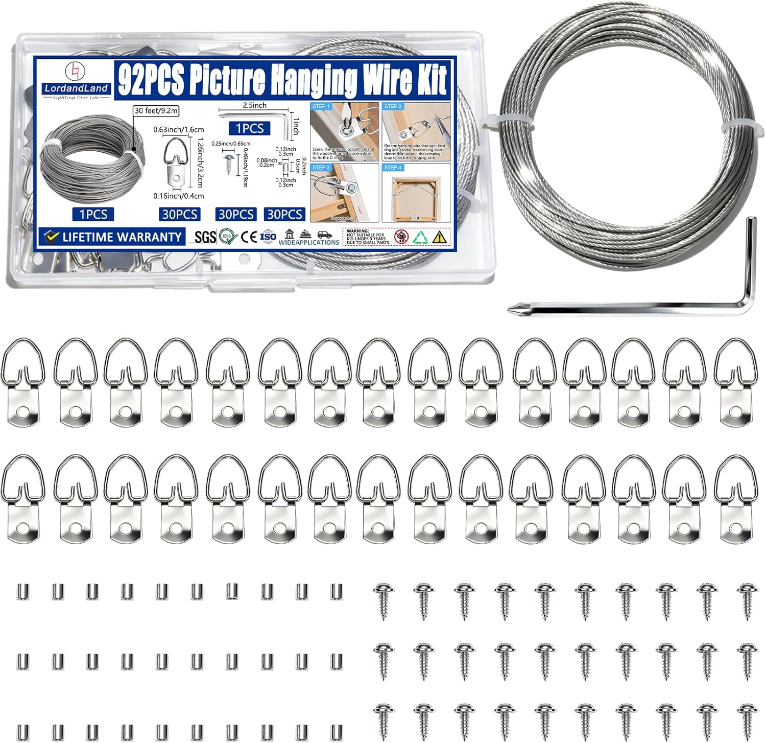 92PCS Picture Hanging Kit - 30 Feet Braided Hanging Wire, 30Pcs D Ring Picture Hangers with Screws and 30Pcs Aluminum Crimping Loop Sleeve for Canvas Paintings, Photo Frames