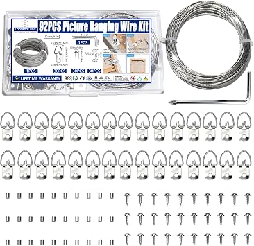 92PCS Picture Hanging Kit - 30 Feet Braided Hanging Wire, 30Pcs D Ring Picture Hangers with Screws and 30Pcs Aluminum Crimping Loop Sleeve for Canvas Paintings, Photo Frames
