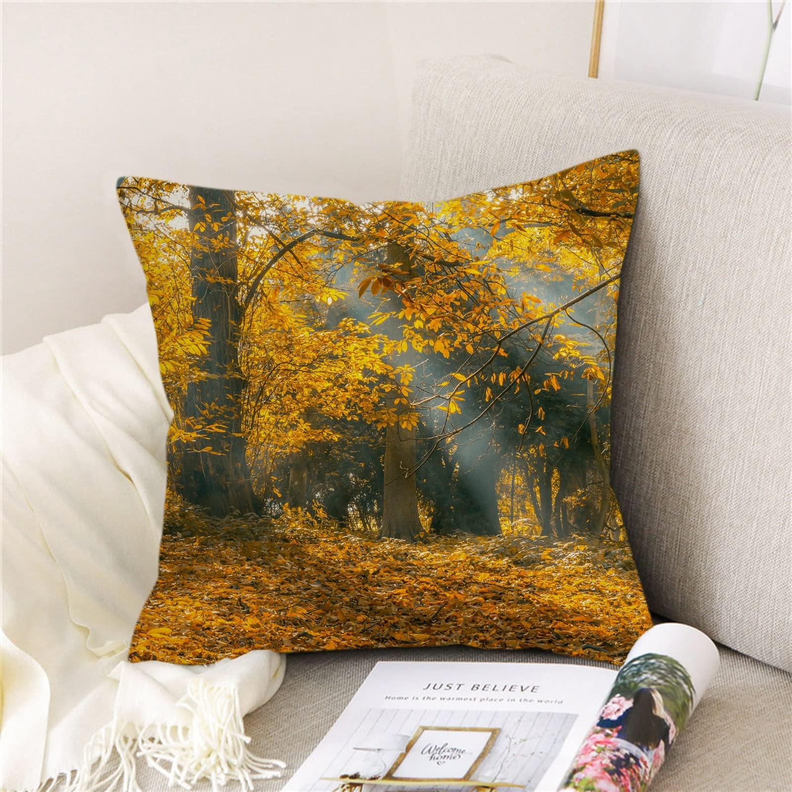 4 fundas de almohada de 50 x 50 cm, color marrón y amarillo, diseño de árbol de otoño y lino