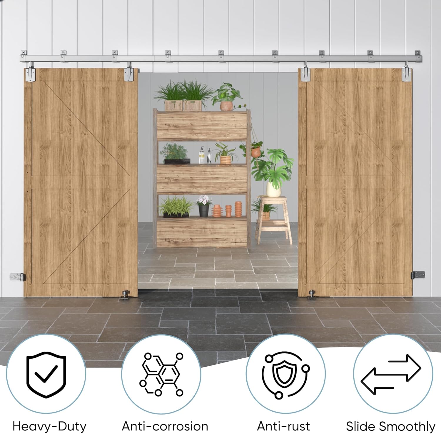 16FT Heavy Duty Box Rail Exterior Barn Door Hardware Kit, Sliding Door Hardware, Outdoor Barn Door Hardware Kit for 2 Doors(Door not Include), 450 lbs Capacity, Silver