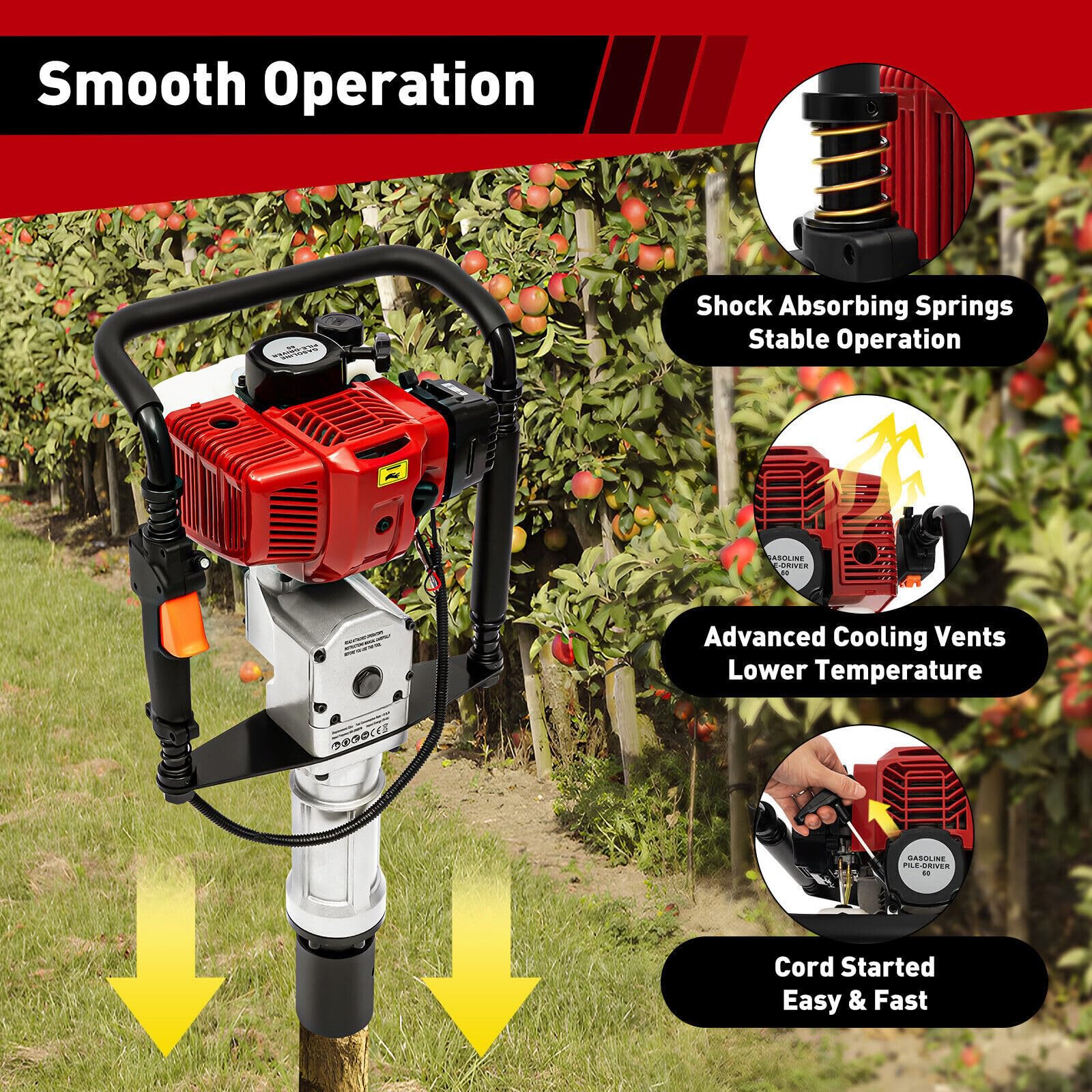 2-Takt-Benzin-Ramme 2.3hp Tragbare T-Pfahl-Ramme 52CC Ramme für Zaunbau mit 2 x 55-70mm Gehäuse für effizienten Zaunbau