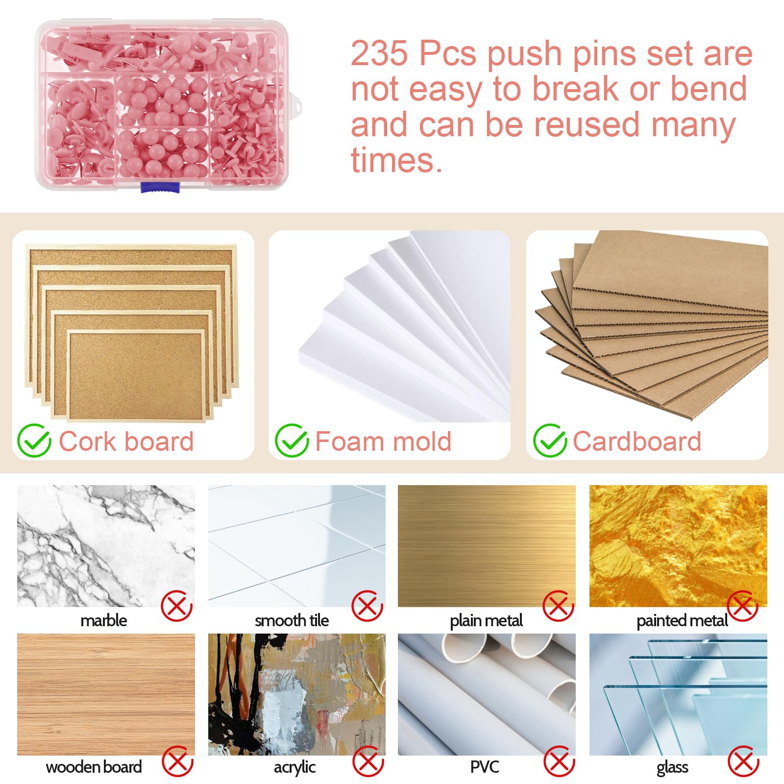 Utron Lot de 235 punaises transparentes, punaises pour le pouce, punaises pour tableau d'affichage, mur, tableau en liège, punaises roses pour le pouce (5 styles)