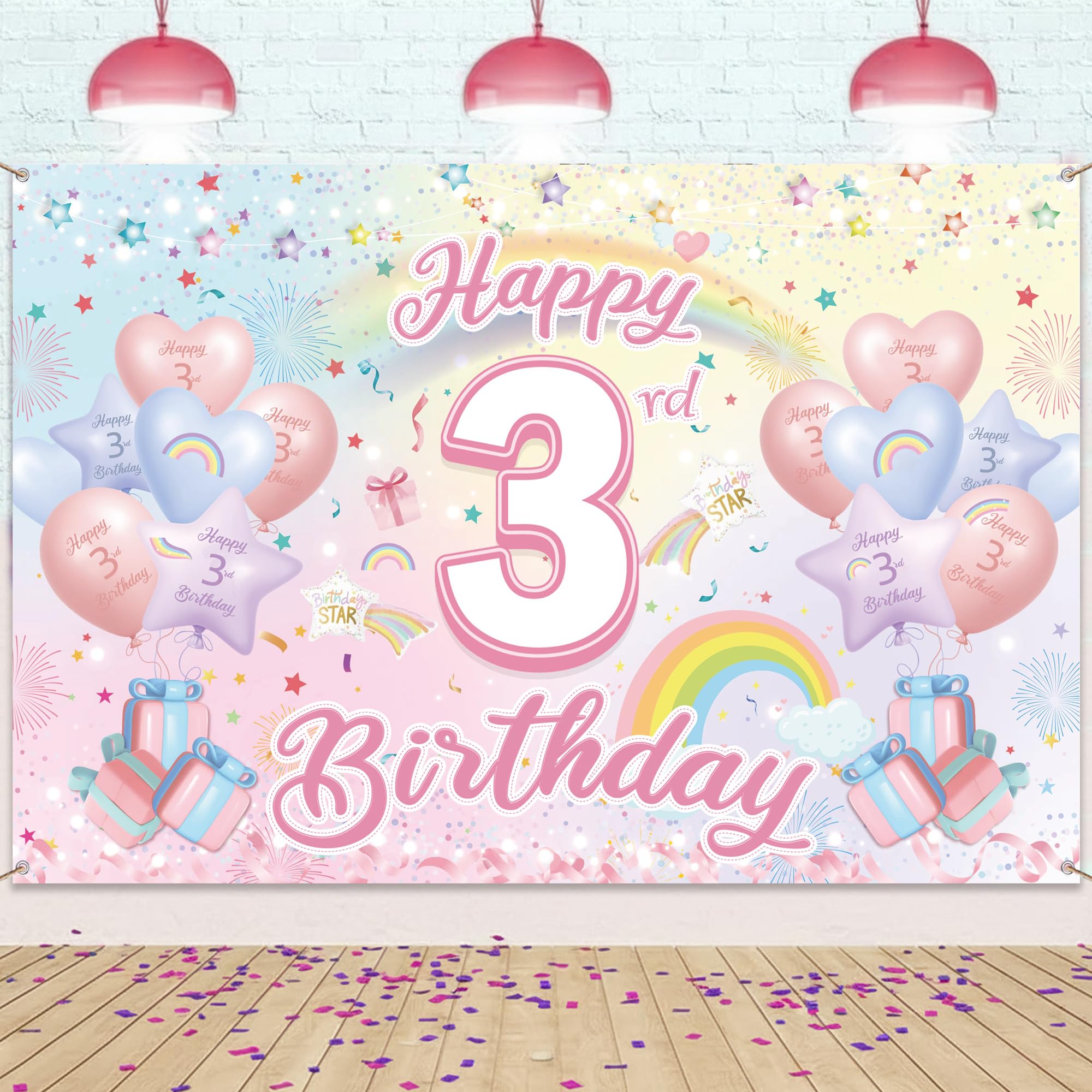 Happy 3rd Birthday Banner, Rainbow Backdrop Decorations for Girls Boys
