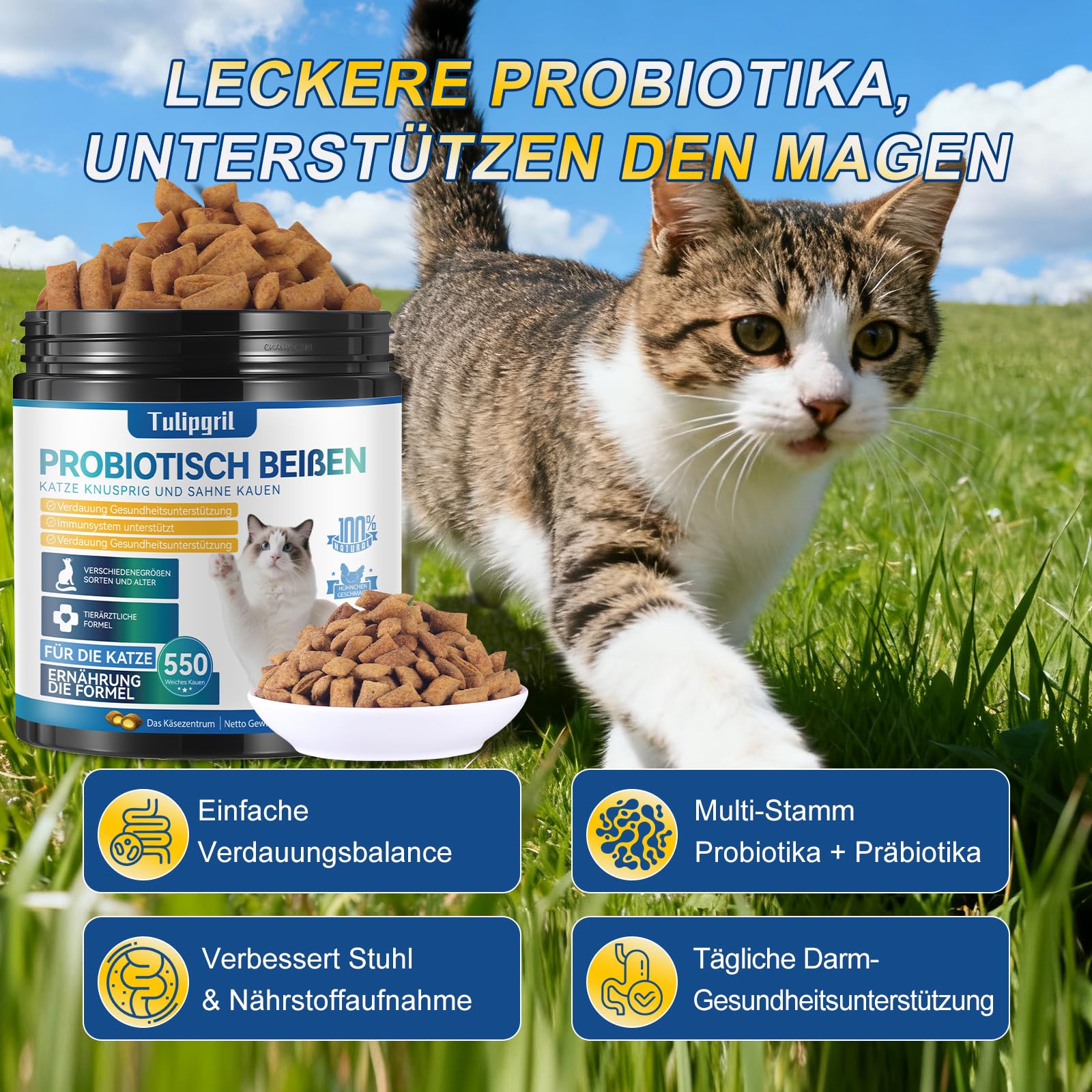 Katzen-Probiotika-Kautabletten für die Verdauungsgesundheit – 550 Stück mit Verdauungsenzymen & Präbiotika – Unterstützt die Darmgesundheit, Reduziert Durchfall & Mundgeruch – Schmackhafte
