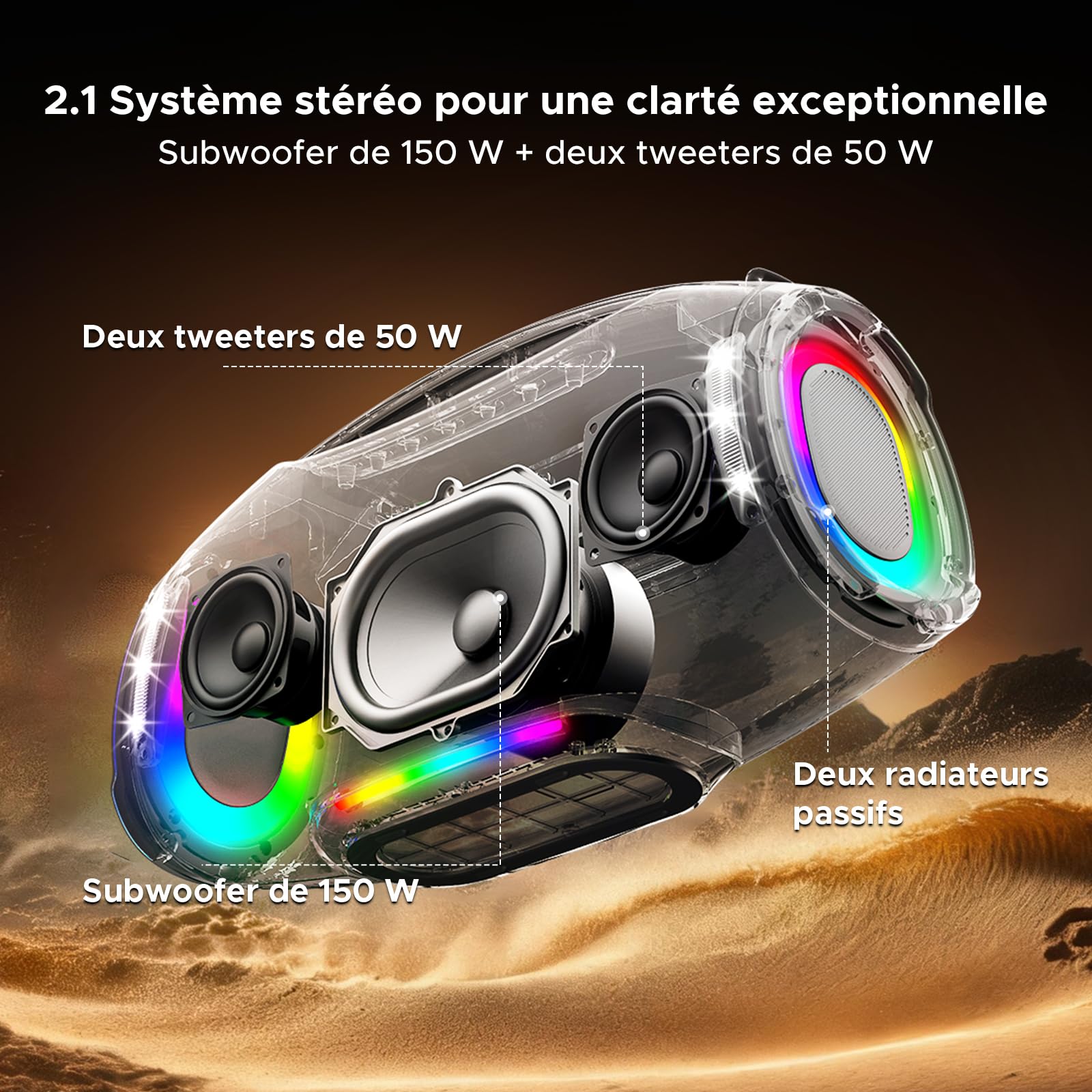 Enceinte Bluetooth Puissante, 250W Enceinte Bluetooth Portable avec Bass Puissantes, 12000 mAh Batterie, Autonomie 14H, Lumière RGB, DSP, TWS Haut Parleur sans Fil IP55 Étanche pour Extérieur, Fêtes