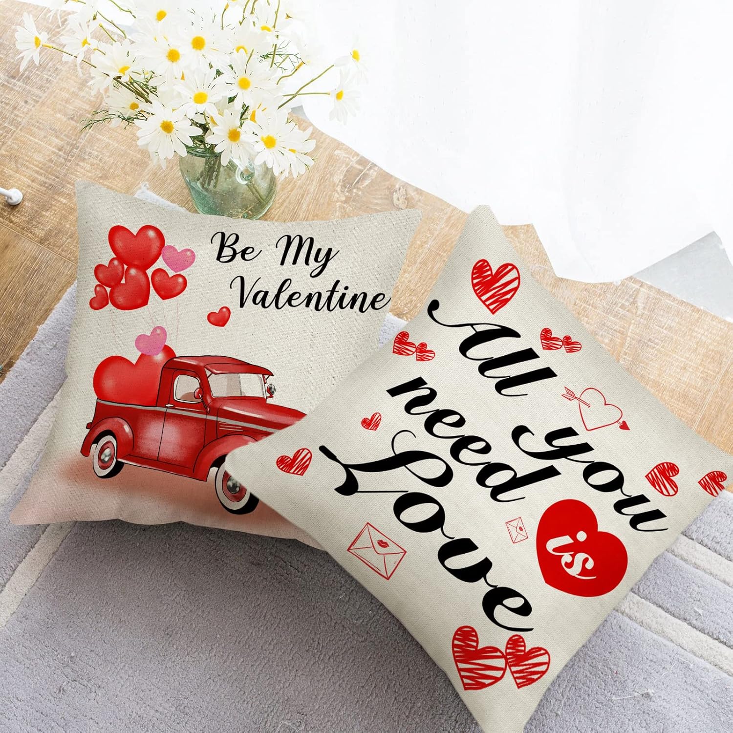 Valentine’s Day Decor Pillow Covers 18×18 Inch Set of 4 Valentines be Mine Decorations Farmhouse Throw Pillow Covers Holiday Anniversary Wedding Cushion Pillow Case Home Decor for Sofa Couch : Home & Kitchen