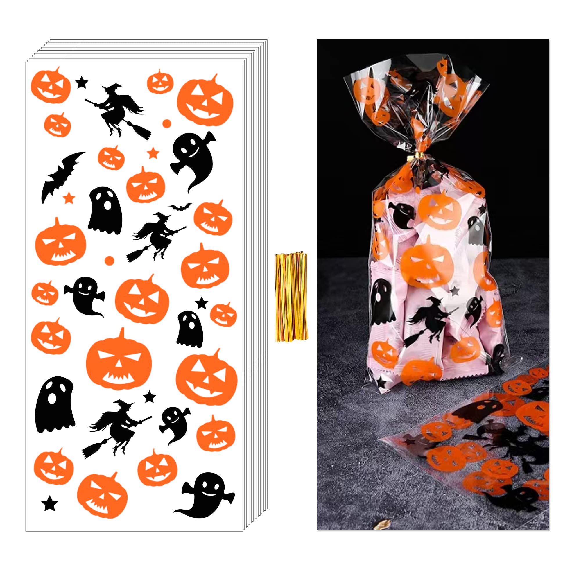 Halloween Cellophane Bags 50pcs 13x27cm, Halloween Sweets Bags Trick or Treat Bags - Halloween Party Bags, Clear Cellophane Bags for Candy, Cookie, Baking, Gift Wrapping Bags with 50 Twist Ties