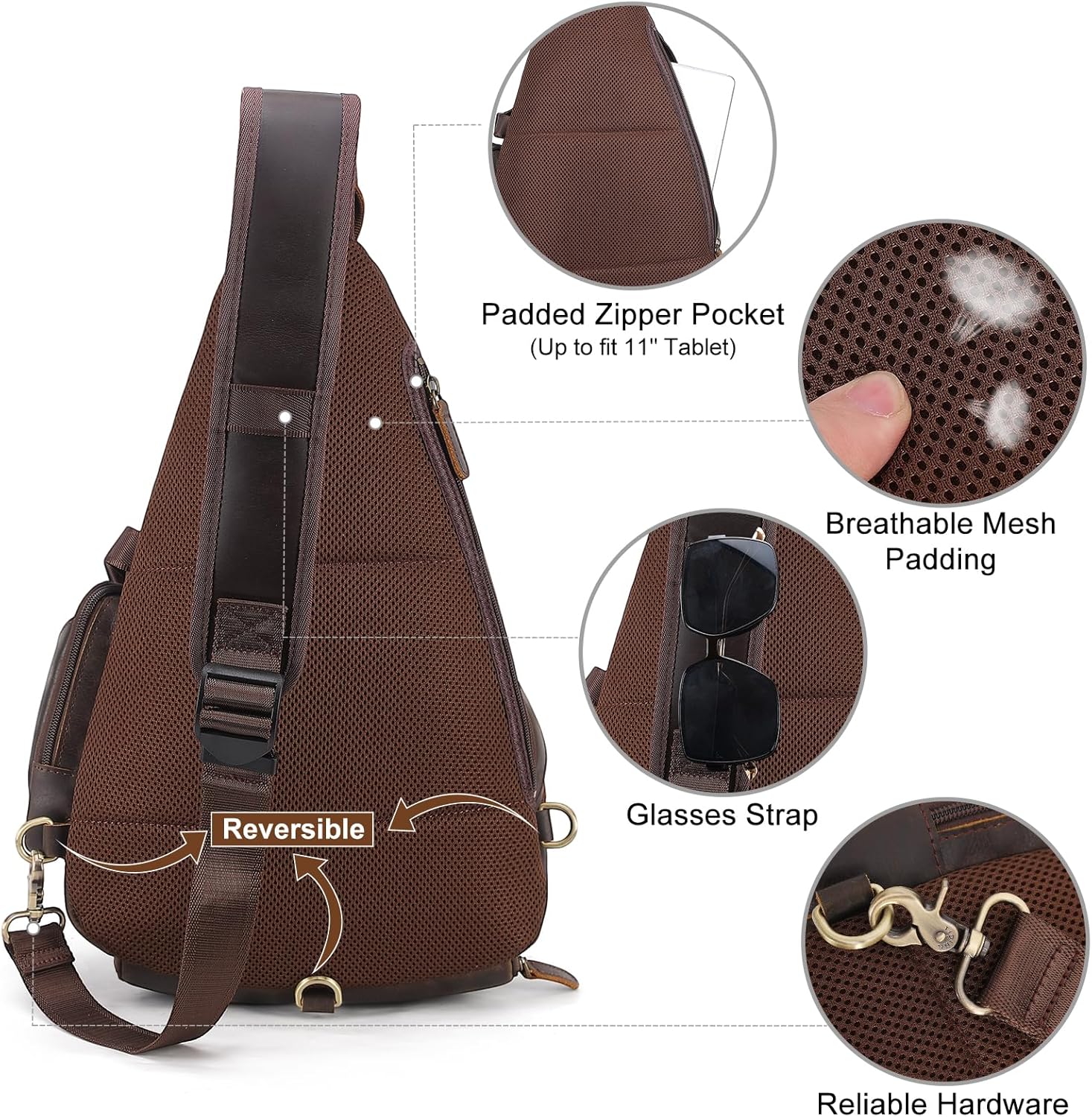 TIDING Full Grain Leather Sling Chest Bag for Men Large Crossbody Shoulder Bag Casual Hiking Daypack Fits 11" Tablet - Image 4