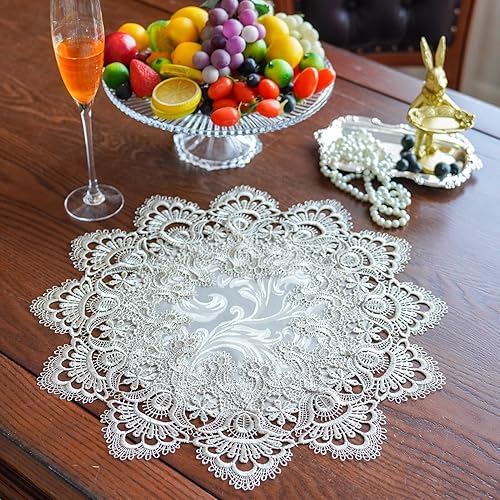 ARTABLE Manteles individuales redondos de encaje bordados para decoración del hogar, mesa de comedor (16 pulgadas, redondo, gris piedra)