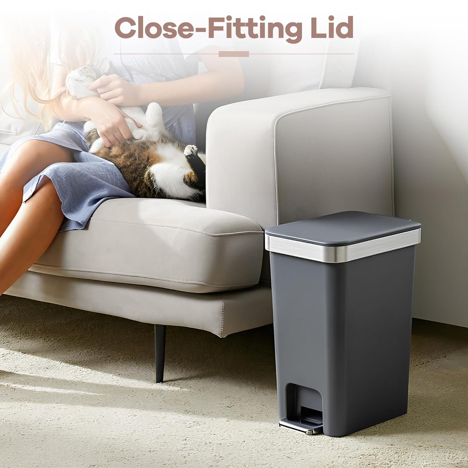 2Pack Small Bathroom Trash Can with Lid Soft Close, 10 Liter/2.6 Gallon Slim Garbage Can-Metal Step and Press top Lid, Mini Modern Waste Basket for Toilet, Office, Bedroom,Dorm,Dark Gray