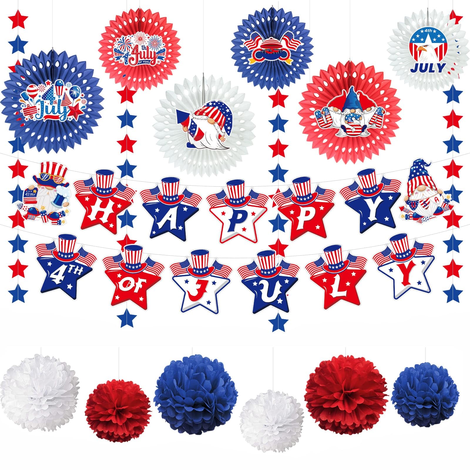 Fenyluxe 27Pcs 4th of July Party Decorations, Red White and Blue Decor Set with Banner, Paper Fans, Pom Poms & Star Streamers,Patriotic Decorations