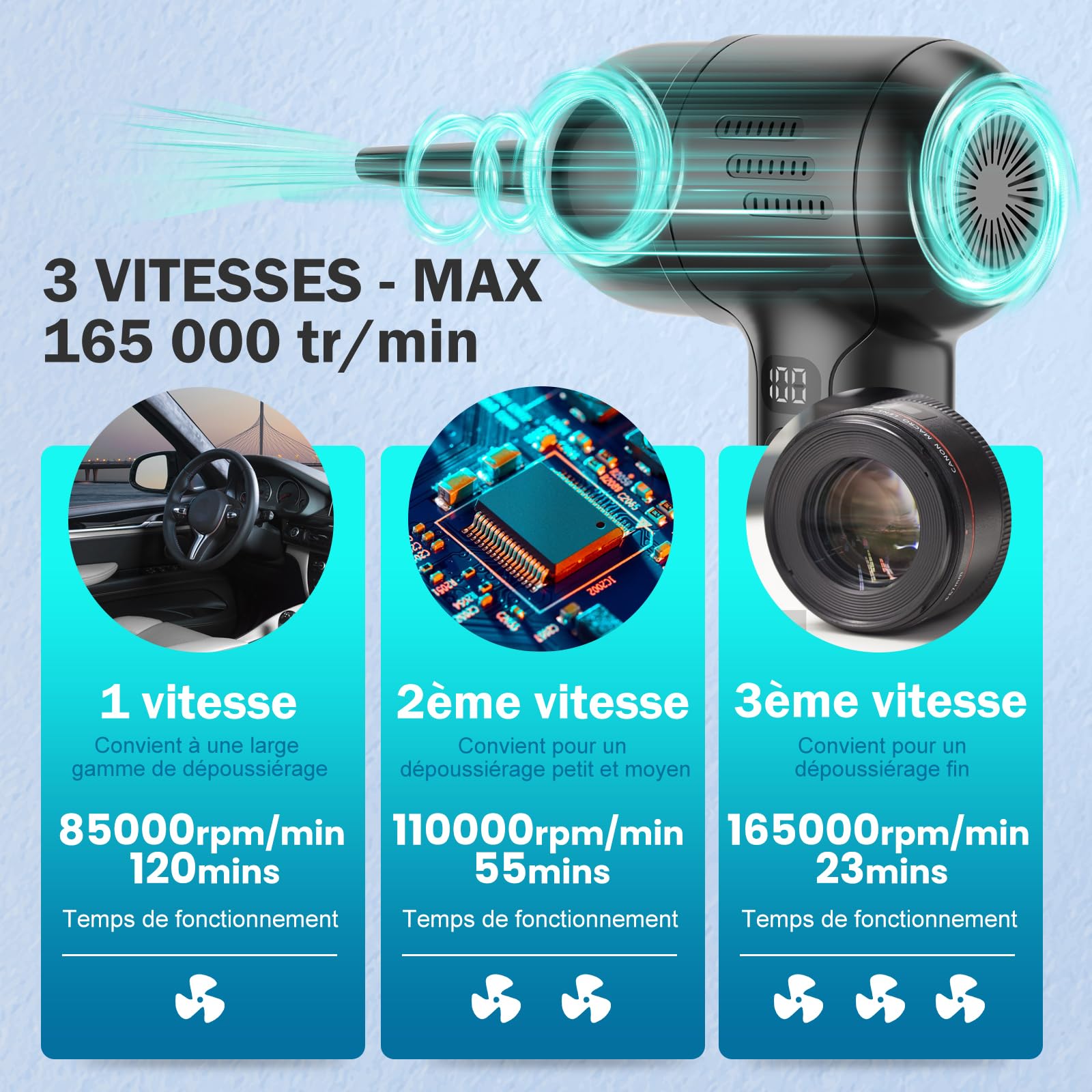 Souffleur Air Comprimé Électrique - Jusqu'à 165 000 RPM, Batterie de 10 400 mAh, Bombe Air Sec pour PC avec Recharge USB et Type-C, Écran LED - ULtronics X