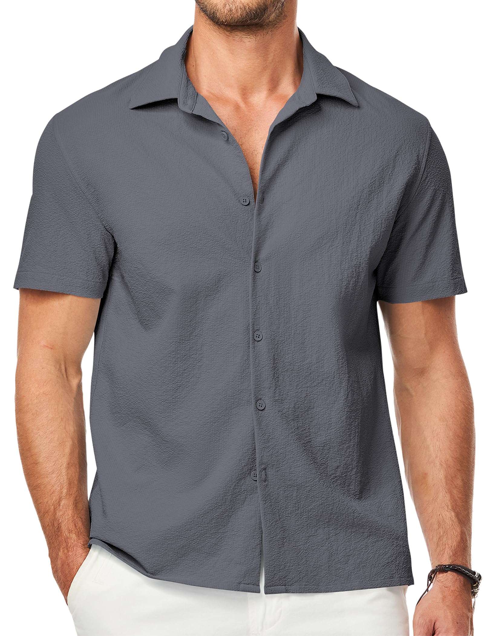 JMIERR Men's Seersucker Shirts Short Sleeve Casual Button Down Shirt Beach Summer Vacation Wedding Tops