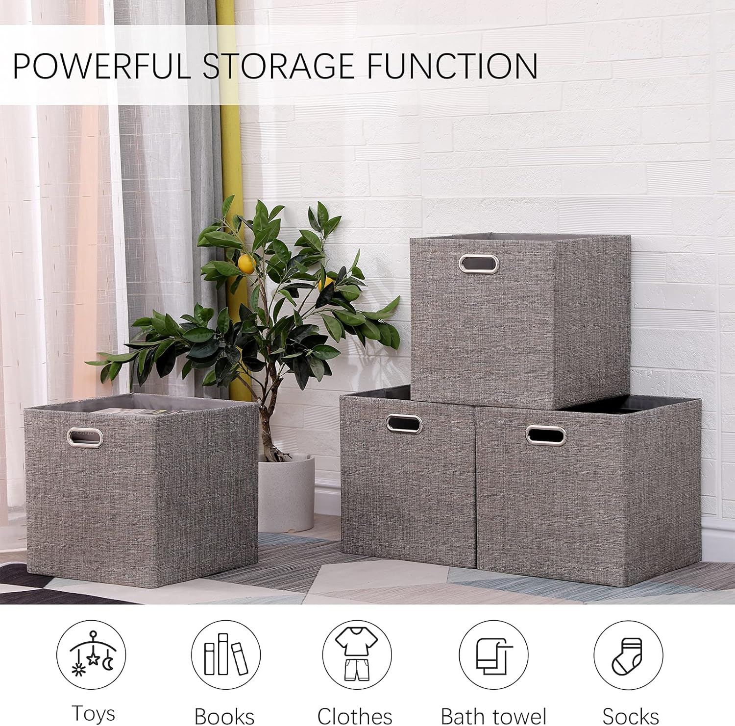 Cube Storage Organizer Bins 13×13x13 Inch, 4 Pack Collapsible Linen Fabric Storage Cubes, Open Home Storage Bins with Handles, Cubby Bins for Kallax Shelf Bookcase Closet Cabinet, Light Coffee
