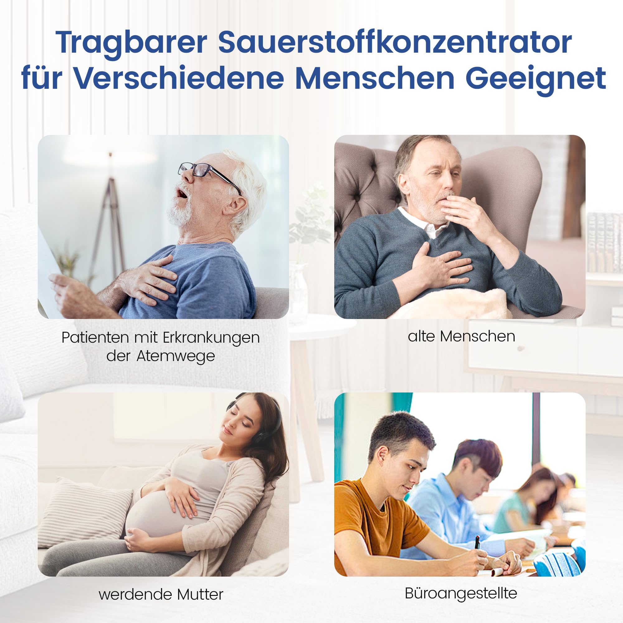 Tragbarer Sauerstoffgerät für Zuhause, 1-4L/min Einstellbar, 90% Sauerstoffkonzentration, Sauerstoffkonzentrator für Reisen, Büro und Alltag, 2.6 kg Leicht & Kompakt, Timerfunktion, LCD-Bedienung