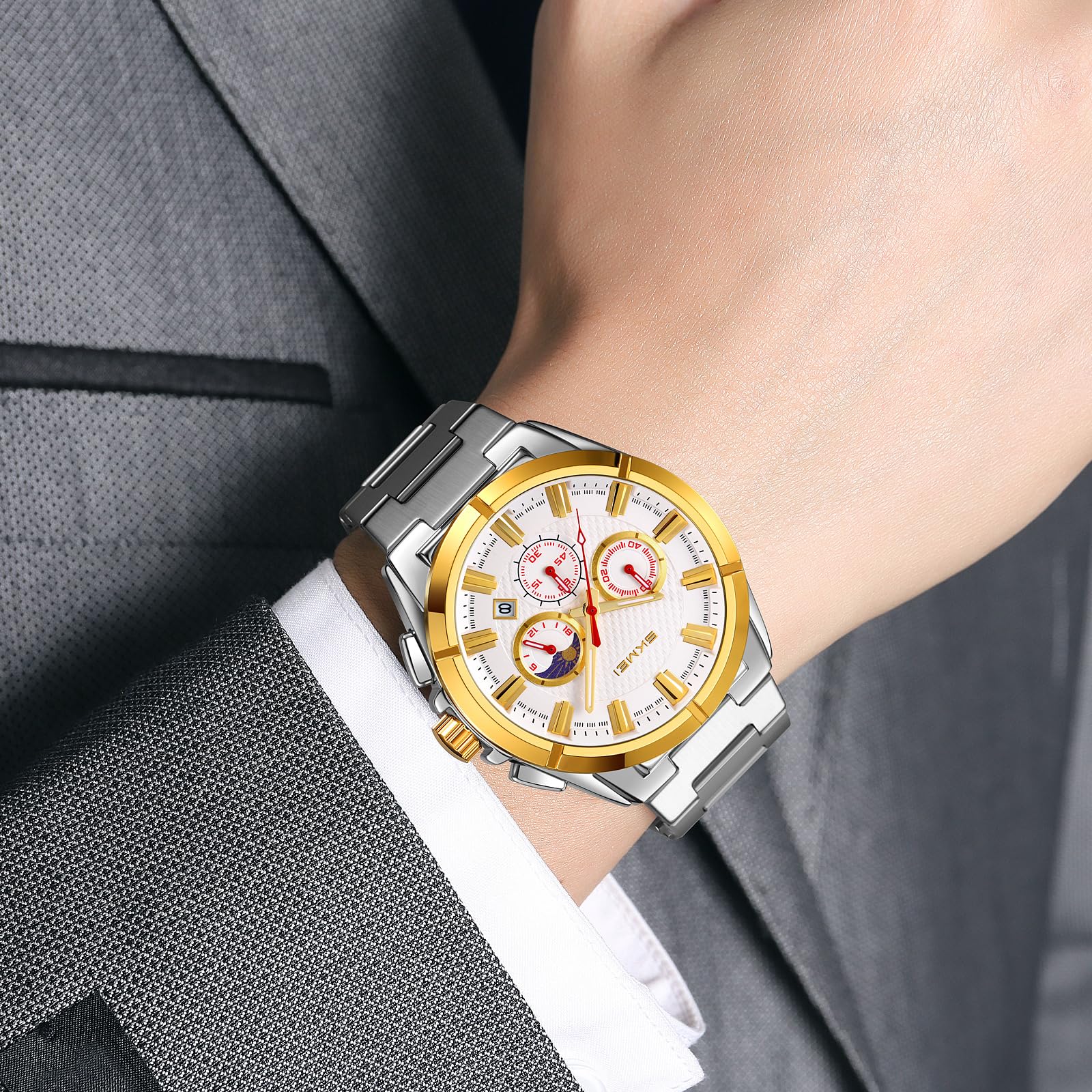 MASTOP Reloj de lujo para hombre con fase lunar clásico, multifuncional, cronógrafo, cronómetro, visualización de fecha, vestido de negocios, impermeable, luminoso, reloj de pulsera de acero