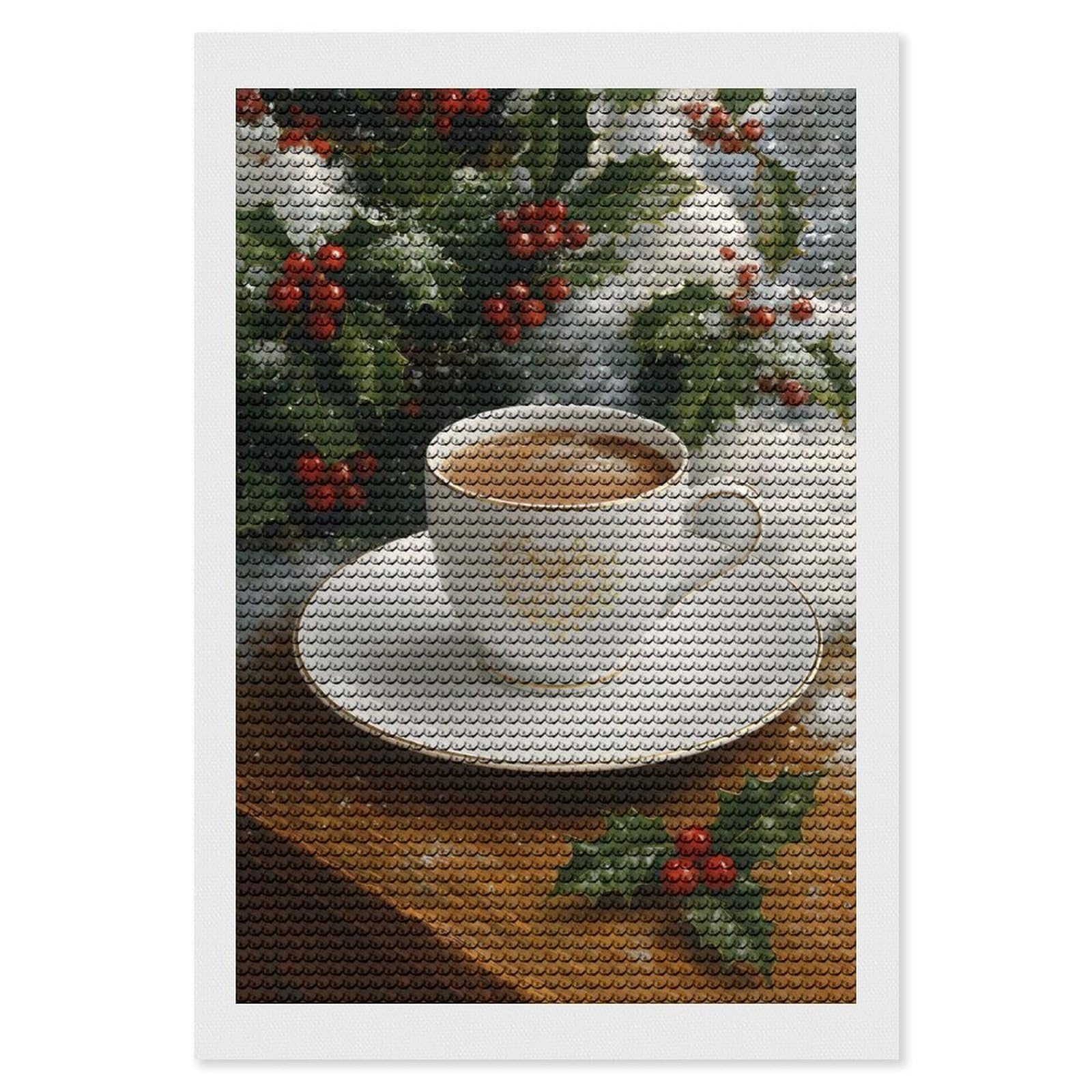 Junmoney Hot Chocolate with Holly DIY Diamond Art Canvas Kit 8"x12", for Teens, Finish and Display, Holiday Gift Idea, Vintage Style Decor