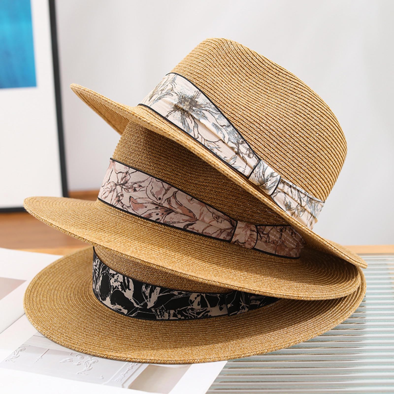 VIDECOR Nouveau Chapeau de Paille D'été Pliable pour Les Femmes Plus Grande Visière à Large Bord Disquette Voyage Chapeaux D'été Paille UV Protection de Plage,B