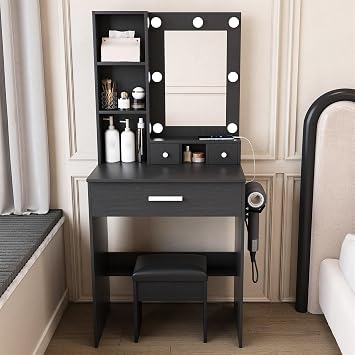Small Vanity Desk with Mirror and Lights, Makeup Vanity Table with Power Outlet & 3 Drawers & 4 Shelves & Stool,Dressing Table Set for Bedroom, 3 Color Mode, Black