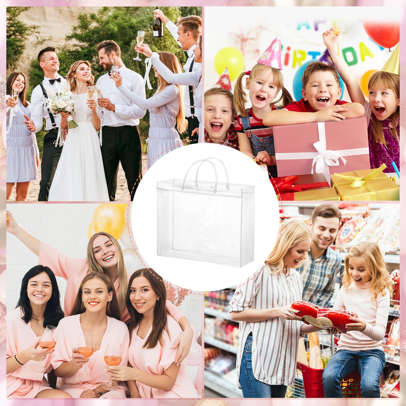 woric 6 Pack Large Clear Gift Bags with Handle, 11.8"X3.9"x9.8" Plastic Valentine's Day Bags Shopping Bag for Small Business Gifts Party Favors