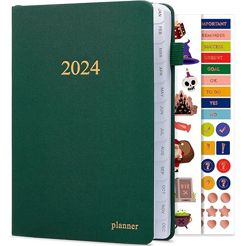 JUBTIC 2024 Planner, 2024 Weekly and Monthly Planner with Monthly Tabs, from January 2024 - December 2024, Stickers Included, A5(5.8"×8.5"), Hardcover,(Pine Green)