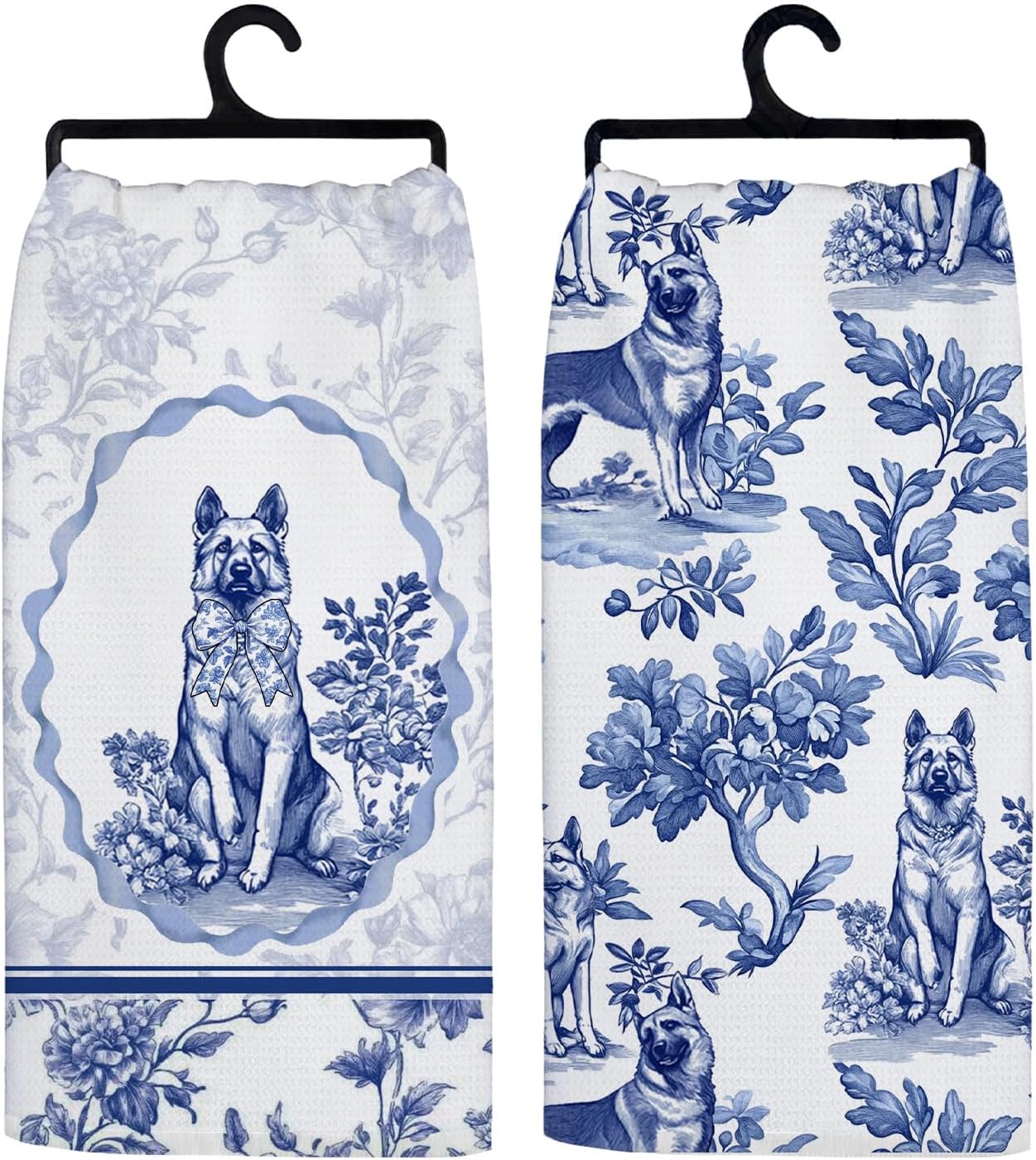 Blue and White Chinoiserie Bow German Shepherd Kitchen Towels, Vintage Blue Coquette Dog Hand Towels for Bathroom, German Shepherd Gifts Dish Tea Towel, 16x24 Inch Set of 2