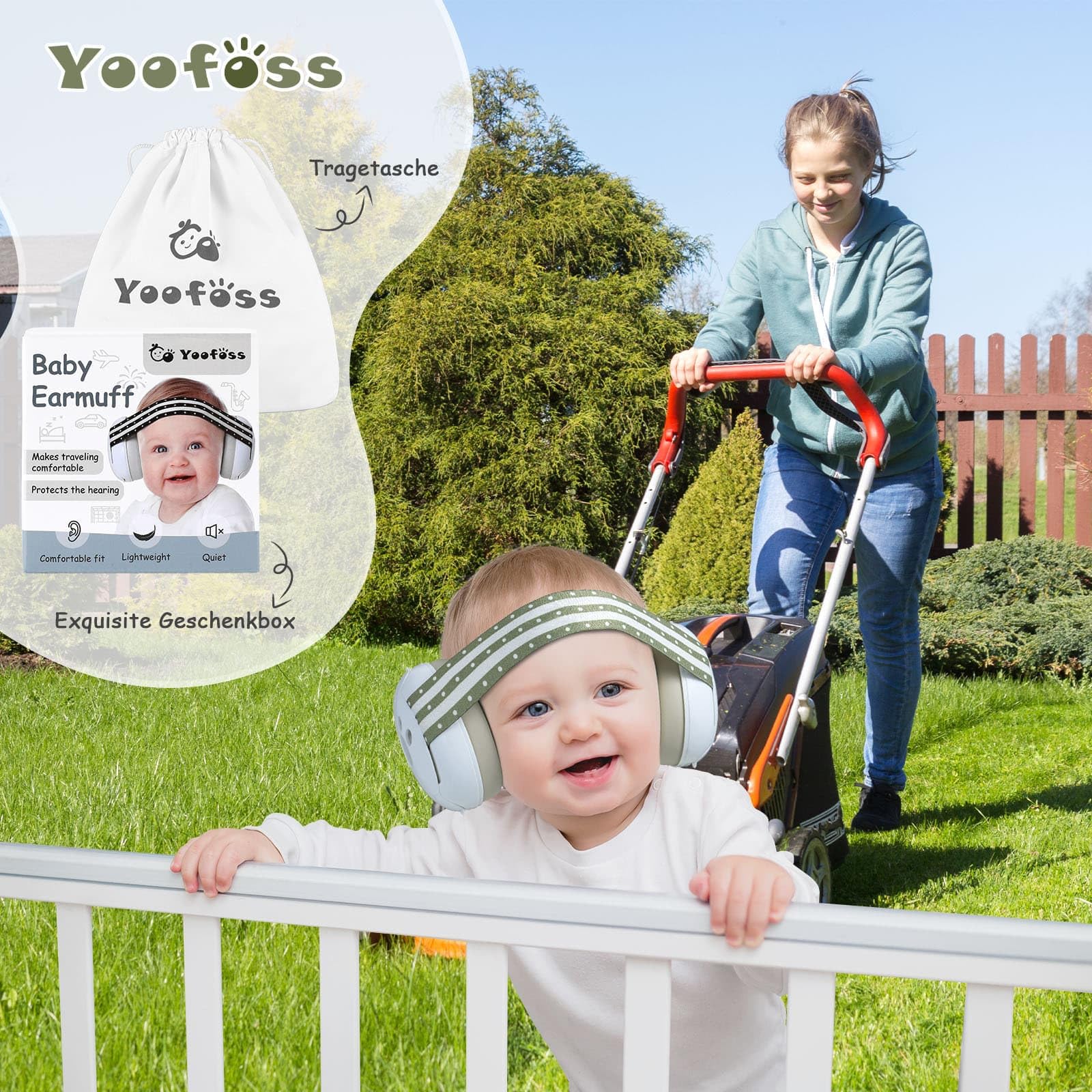 Yoofoss Gehörschutz Baby 0-36 Monate - Baby Kopfhörer Lärmschutz 25dB - Ideal für Flugzeug und Reise - CE - Verstellbares Anti-Rutsch-Kopfband, Weiche Ohrenschützer - Grün