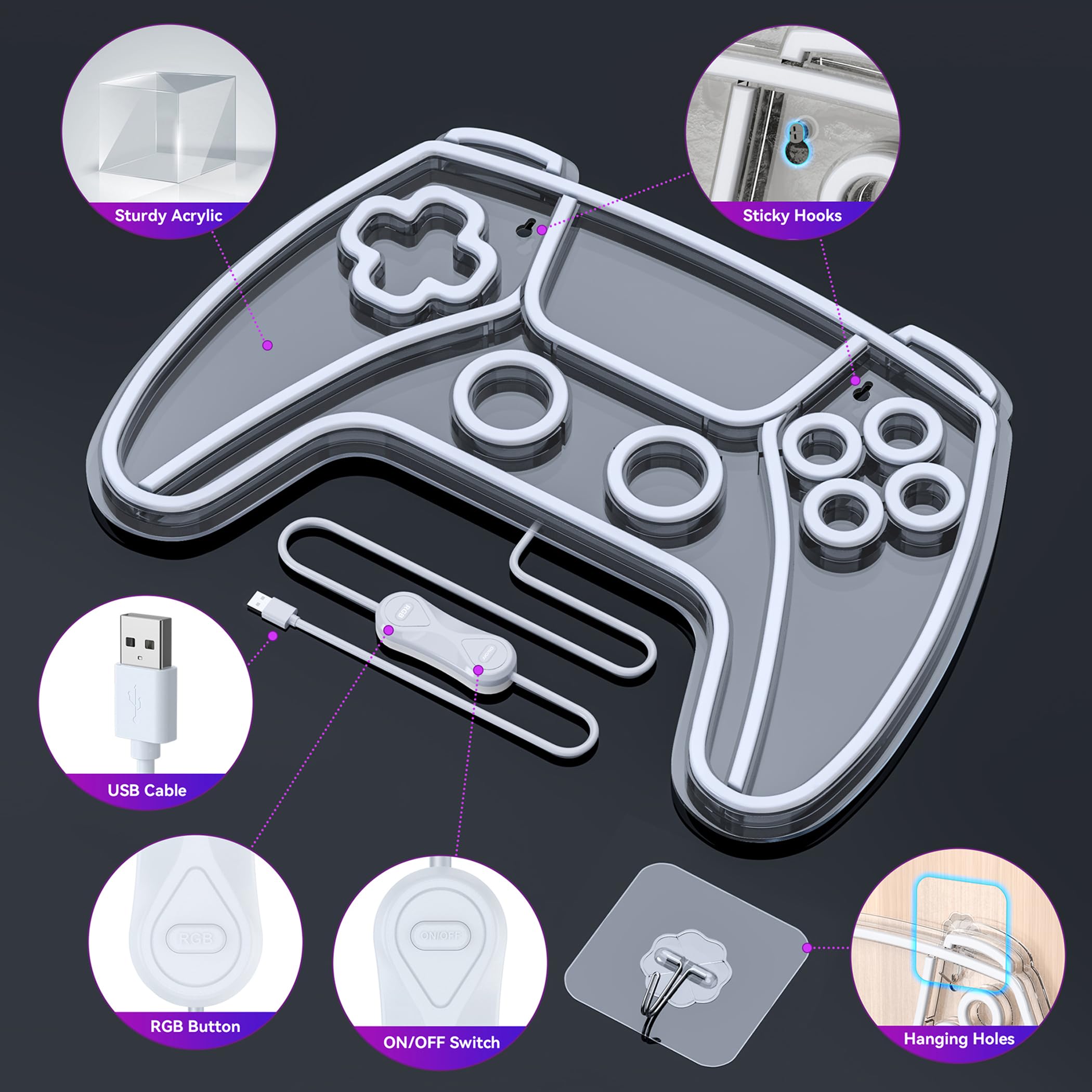 Neon LED Gaming Manette, Gamer Deco Gaming Chambre Mural Néon, Game Room Décoration Neon Ado, Accessoire Game Zone Enseigne Lumineuse Cadeau, Connexion USB avec Variateur de Luminosité